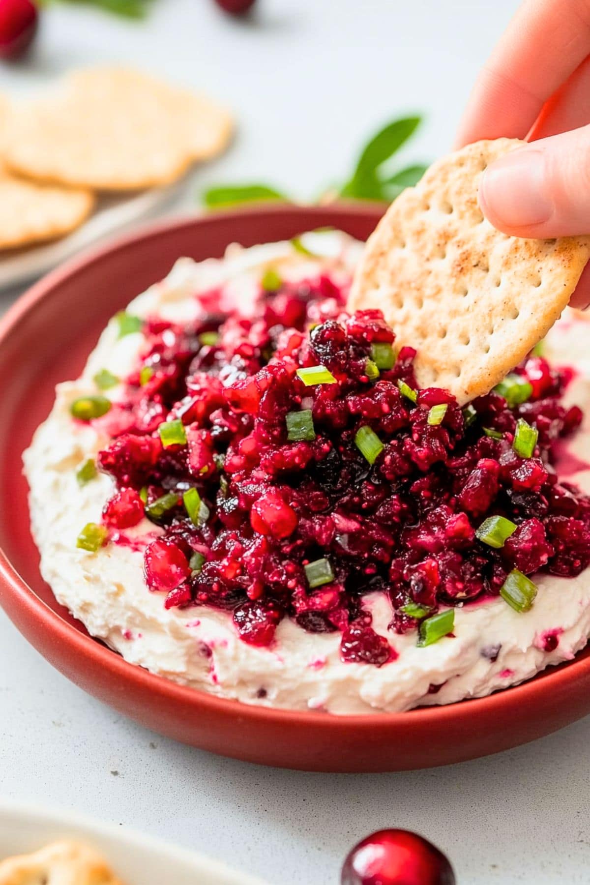 Hand holding a cracker dipping it to cranberry cream cheese dip