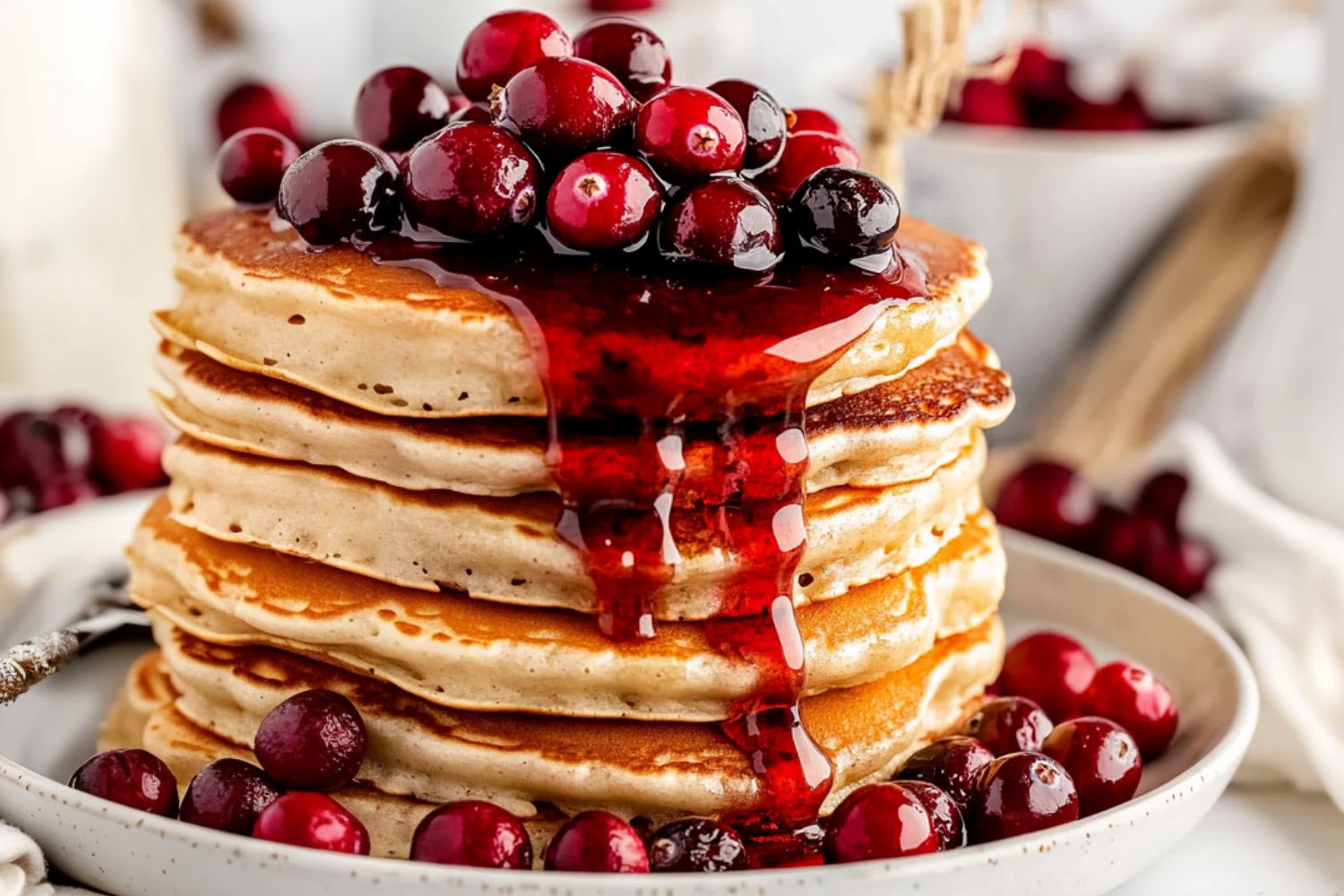 Cranberry pancakes with dripping syrup and cranberries garnish served in a white plate.