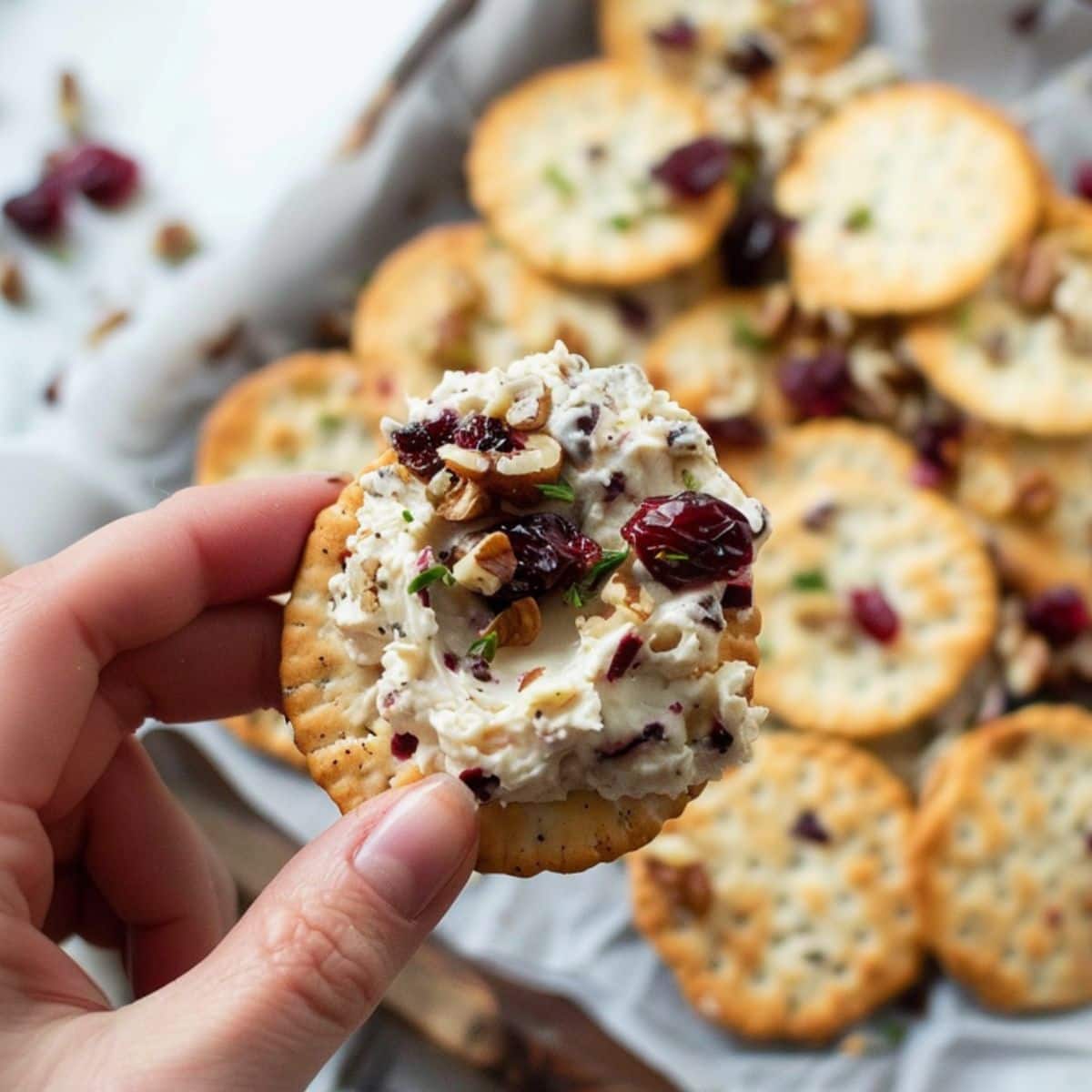 Cracker with a spread of cream cheese with chopped pecans and cranberries.