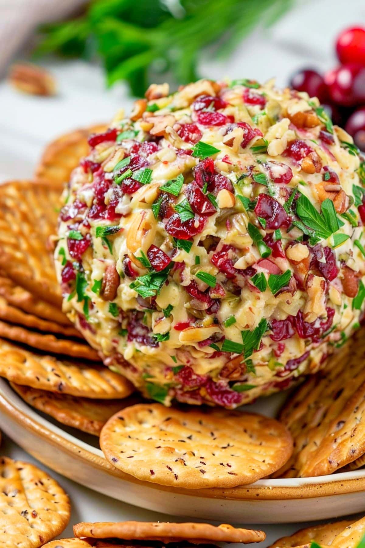 Cream cheese ball covered with chopped pecans and dried cranberries served on a platter of crackers.