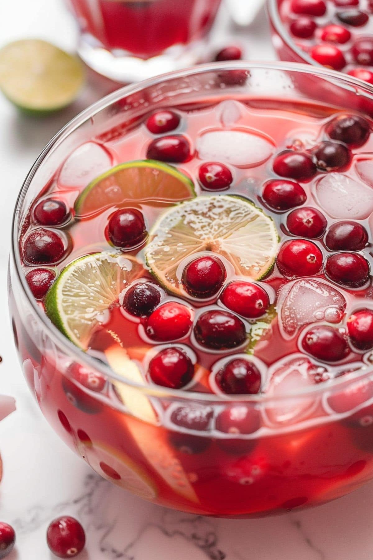 Punch bowl filled with cranberries and  lime slices drifting in refreshing cocktail mix.