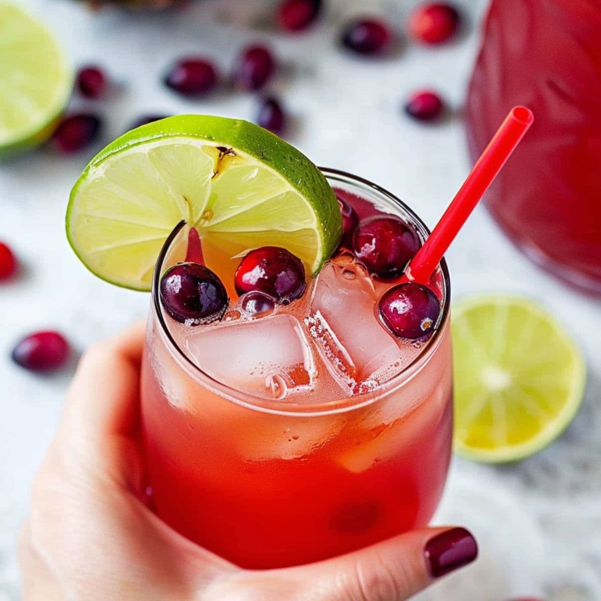 Hand holding a refreshing serving of cranberry pineapple punch in a glass.