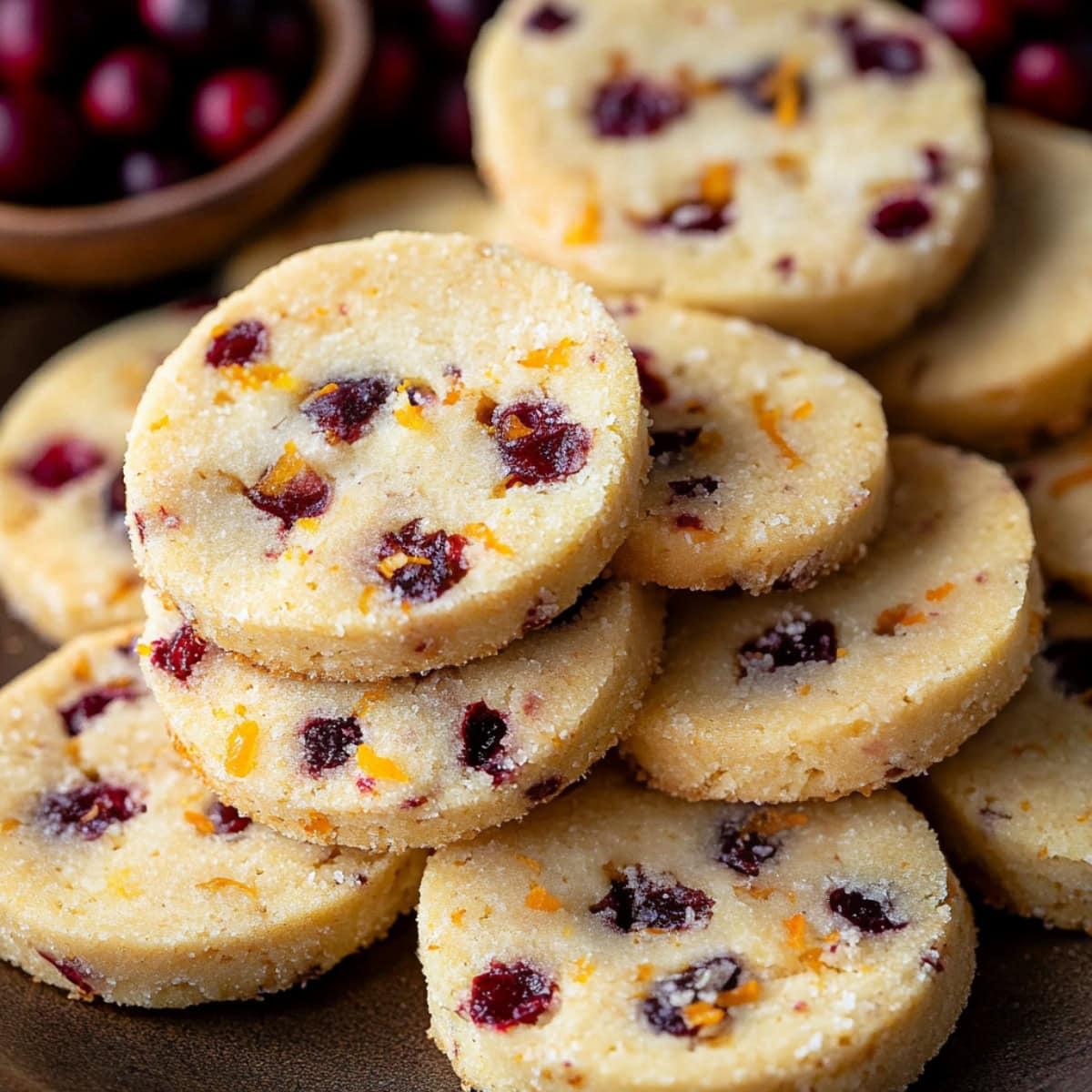 Homemade cranberry orange shortbread cookies with zest and sugar.