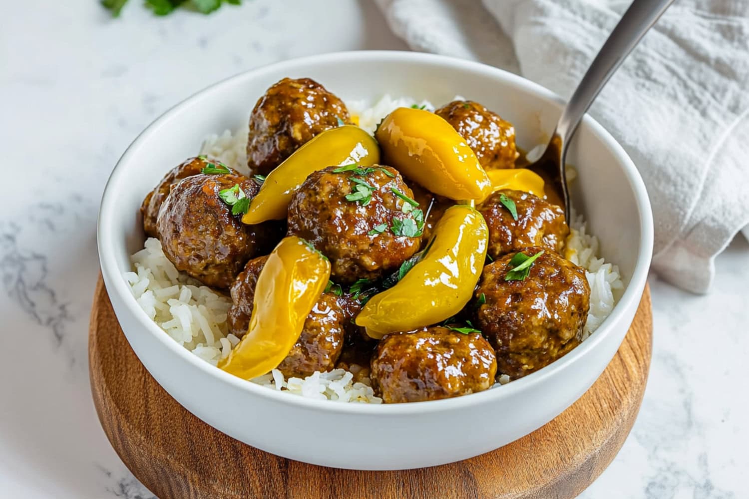 A bowl filled with Mississippi meatballs, featuring a golden, spicy gravy, sitting in a wooden board.