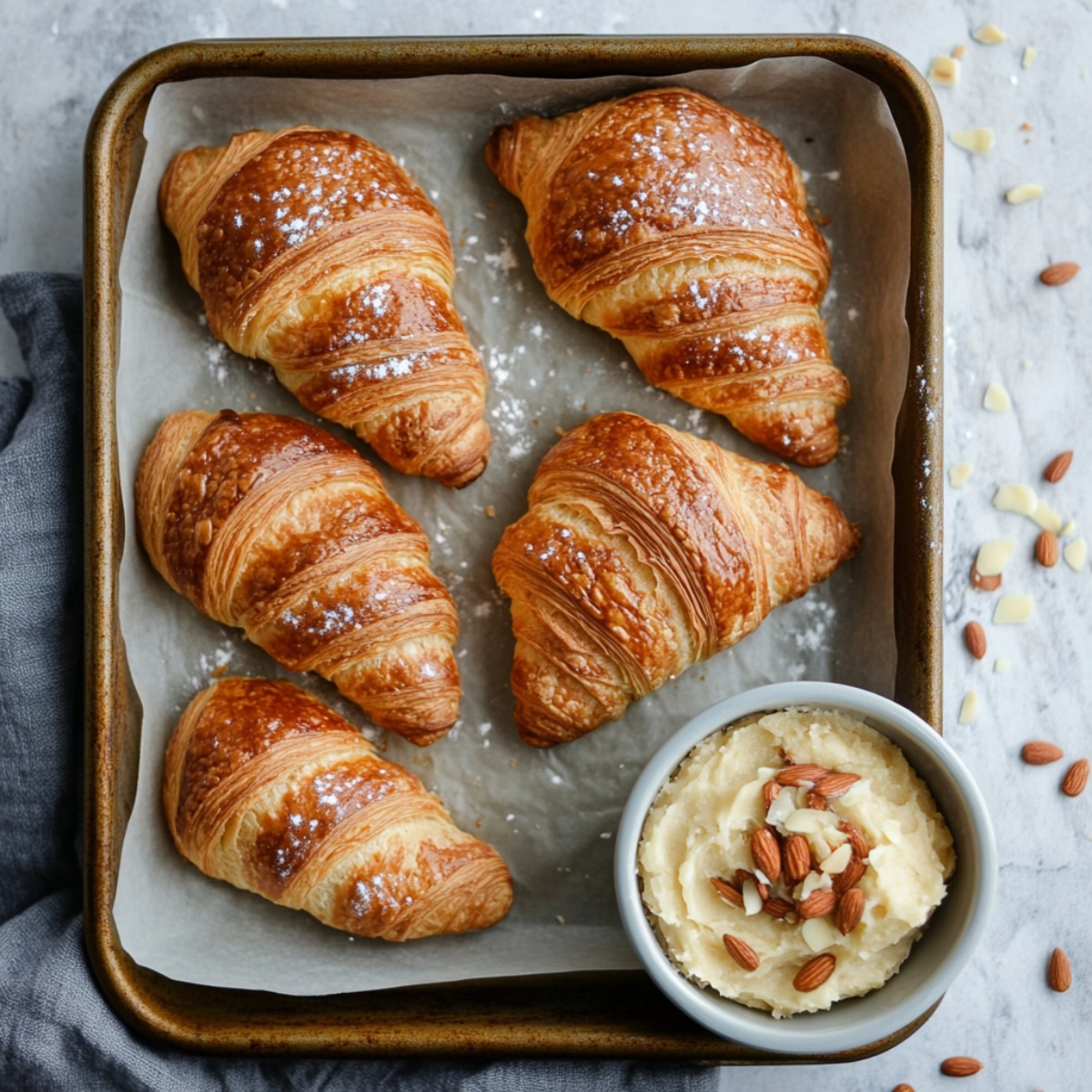 Croissants on a Baking Tray with Frangipane on the Side