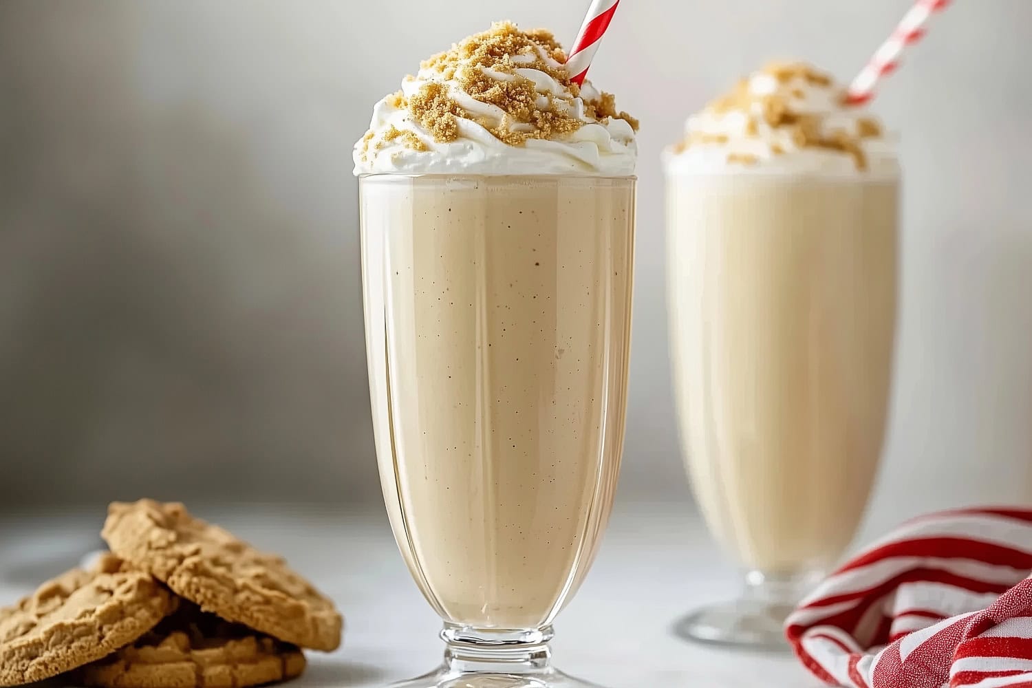 Holiday-themed eggnog milkshake served in a tall glass, decorated with whipped cream and a sprinkle of crushed cookies.