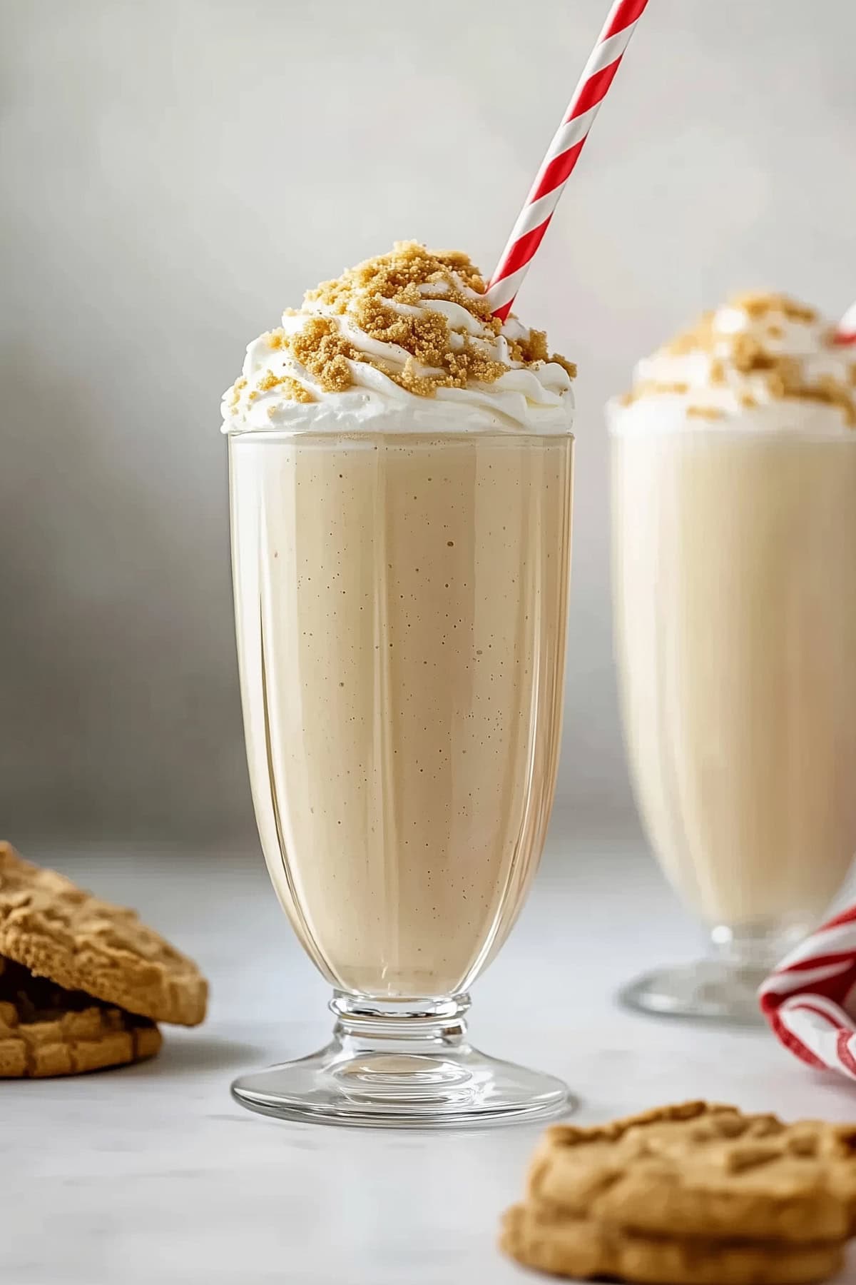 Homemade eggnog milkshake topped with whipped cream and crushed cookies.