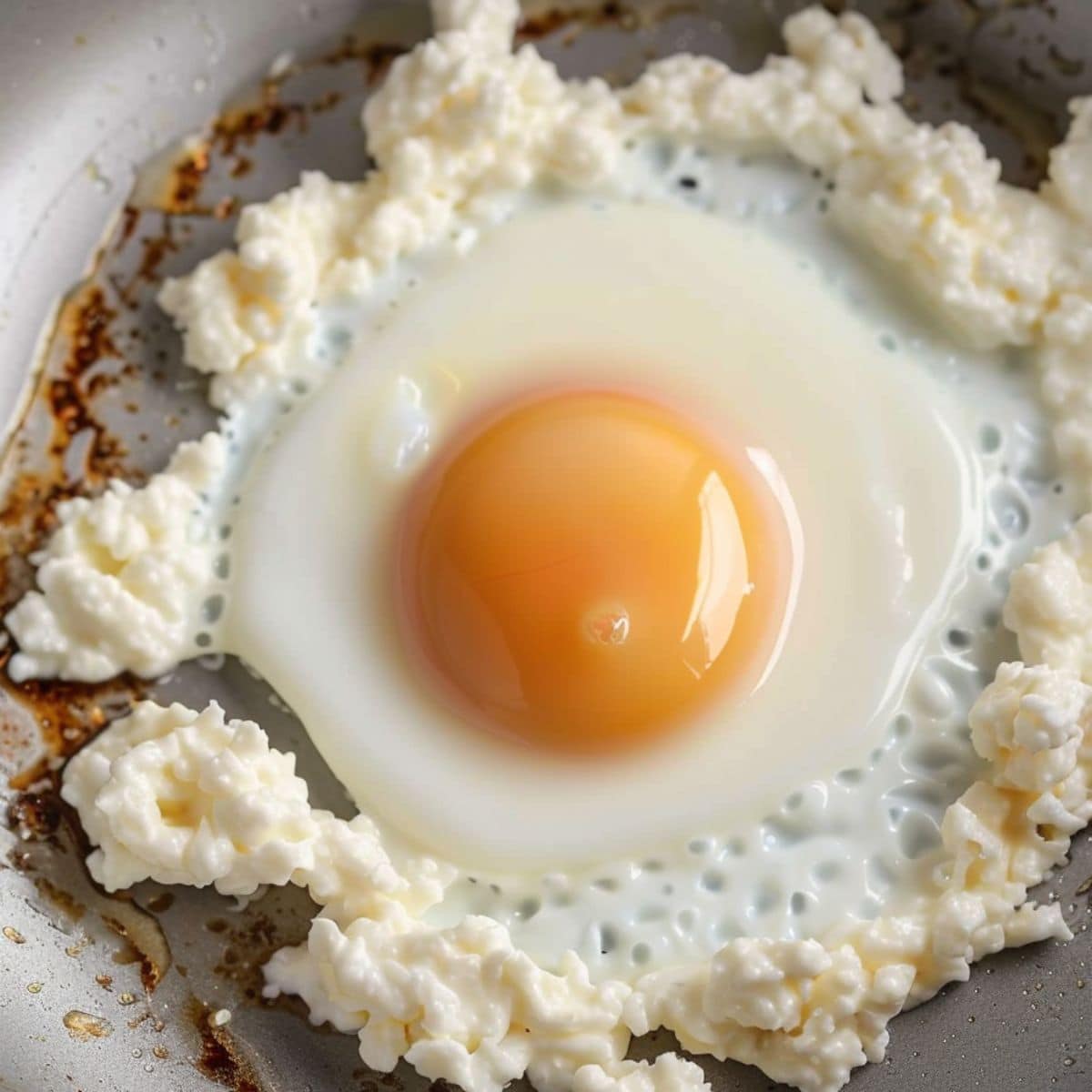 Fried egg in a pan surrounded by crumbled feta cheese.