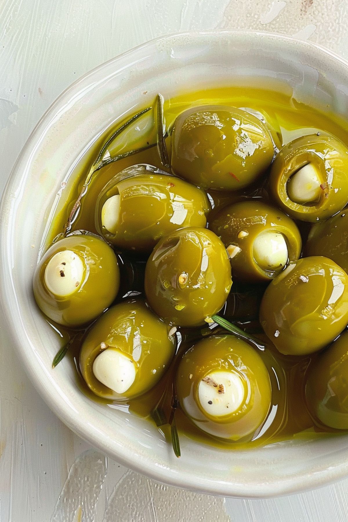 Feta stuffed olives in a white bowl soaked in olive oil brine.