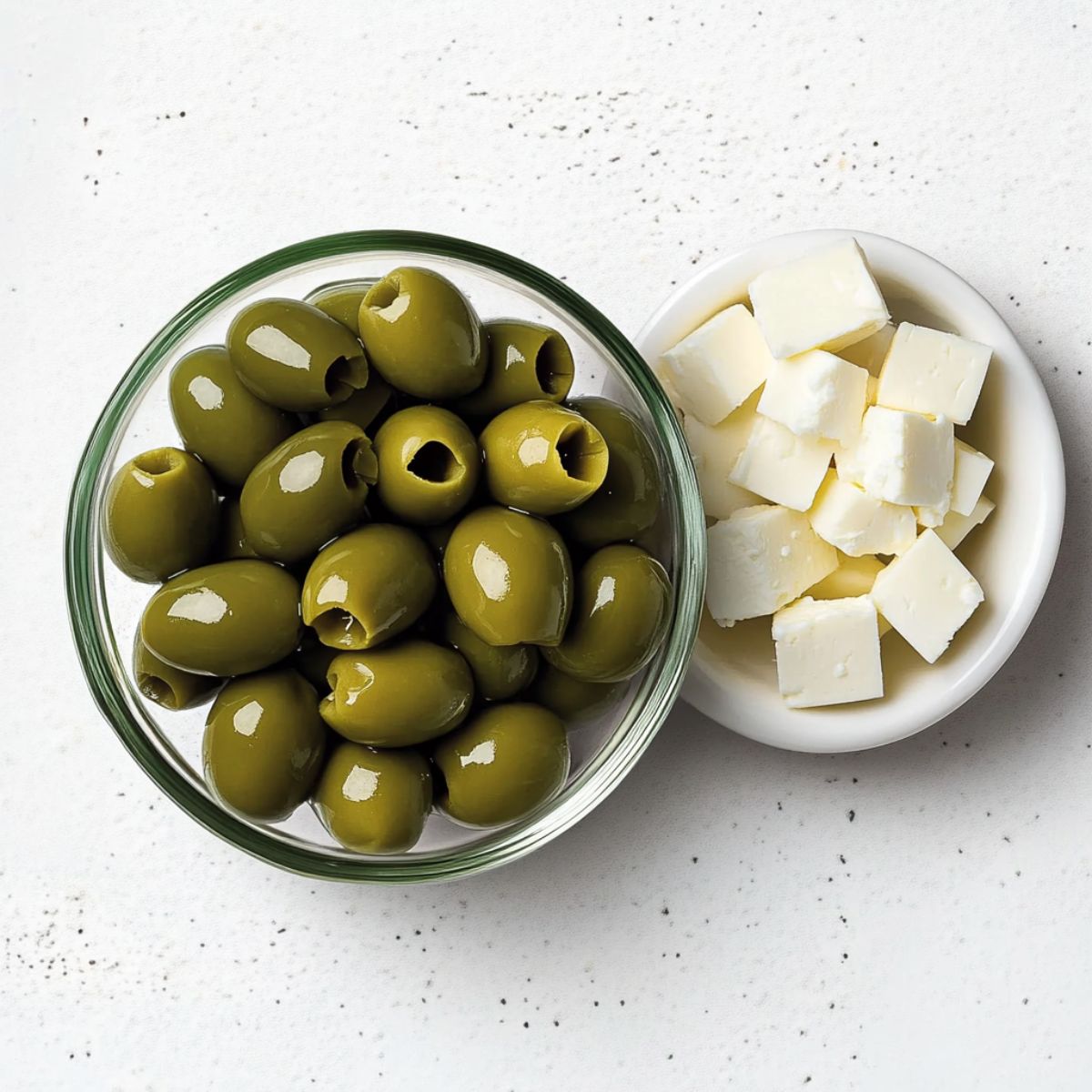 Two glass bowls with olives and cube sliced feta cheese.