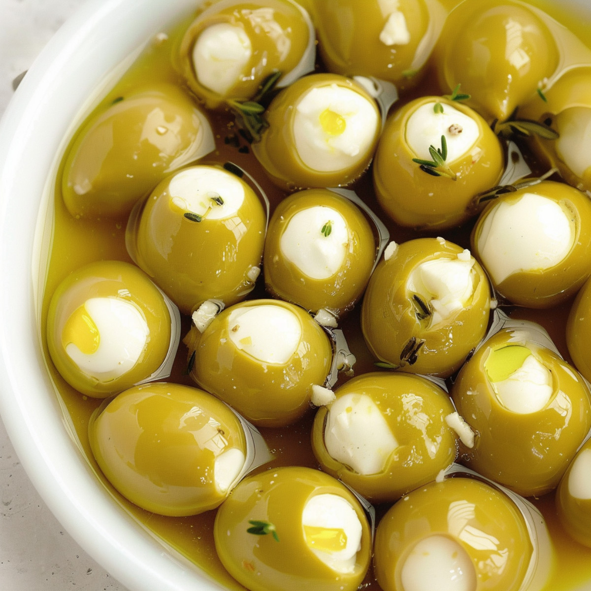 White bowl with feta stuffed olives.