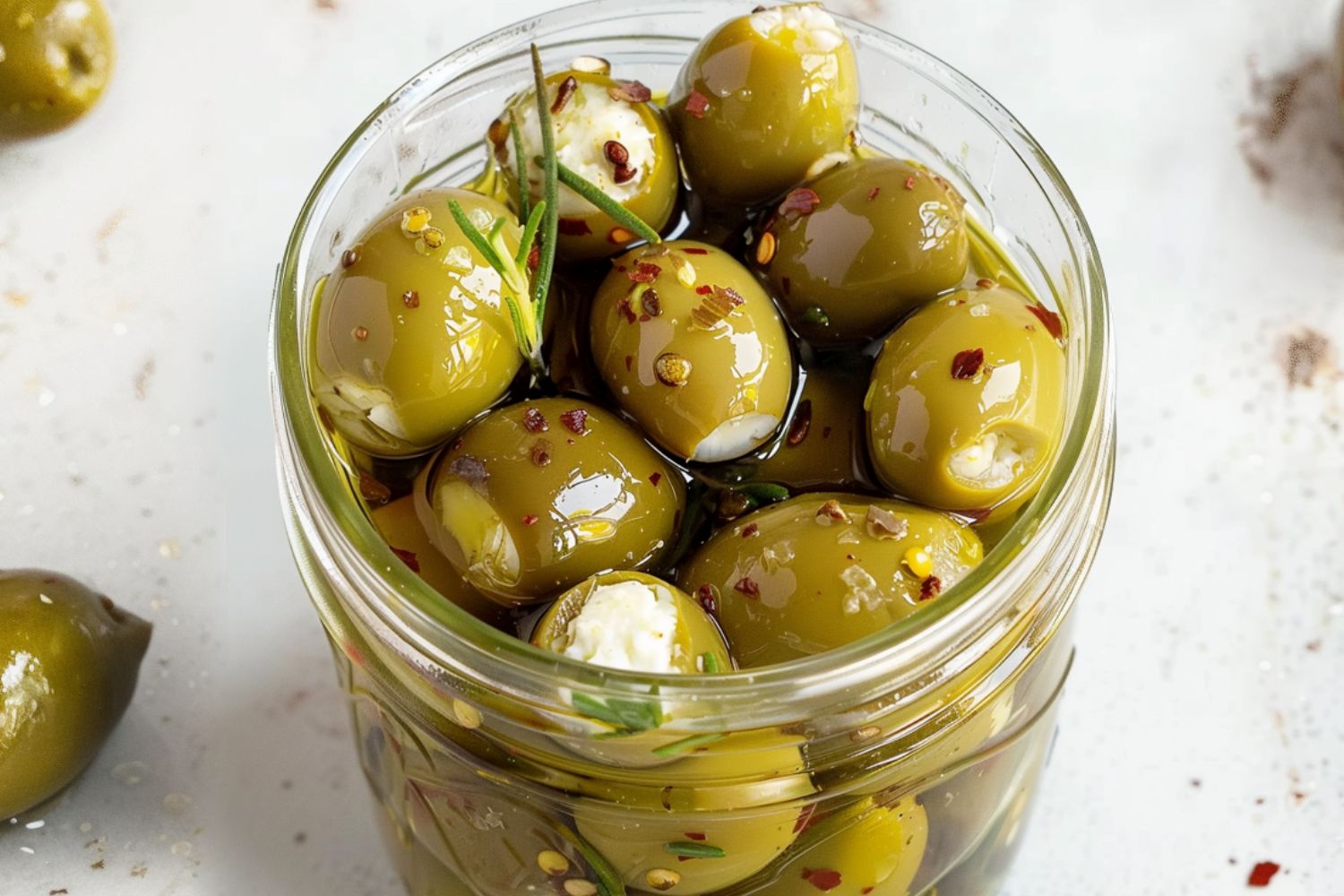 Feta stuffed olives in a glass jar