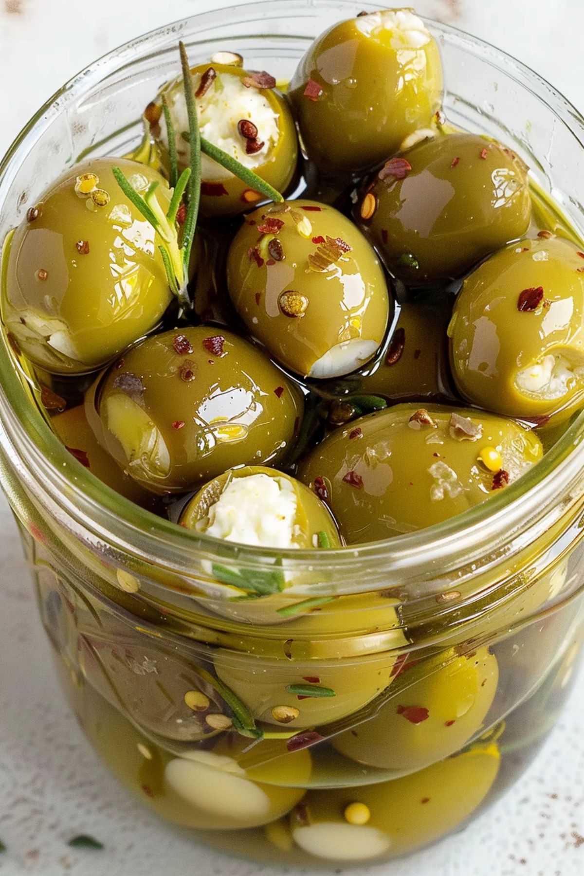 Bunch of feta cheese stuffed olives marinated in a galss jar with garlic, pepper flakes, rosemary and thyme.