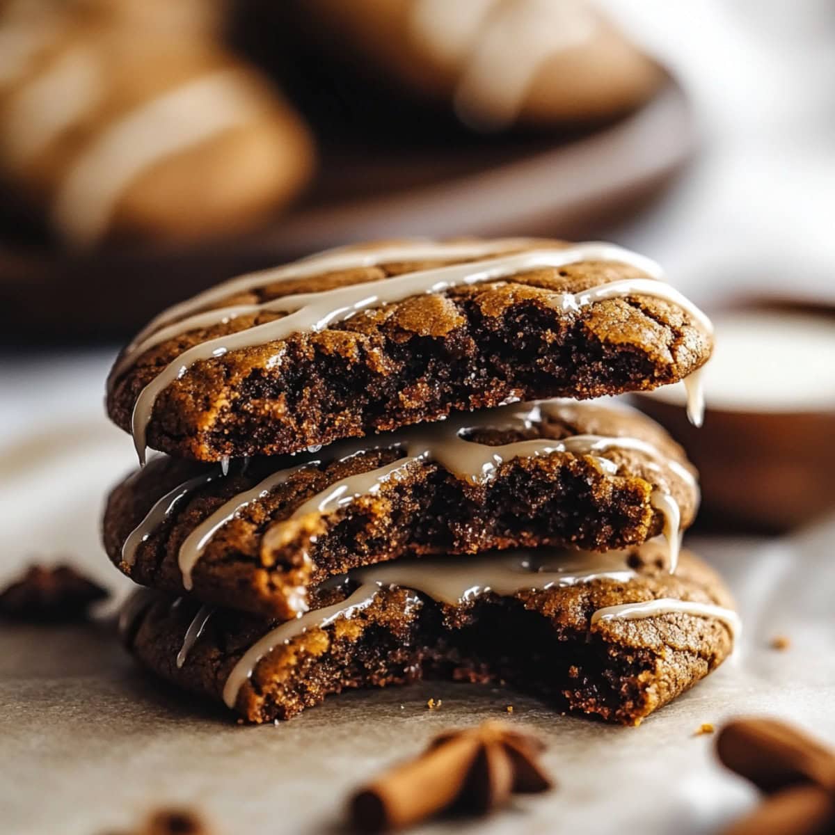 Fudgy Gingerbread Latte Cookies Stacked on a Table