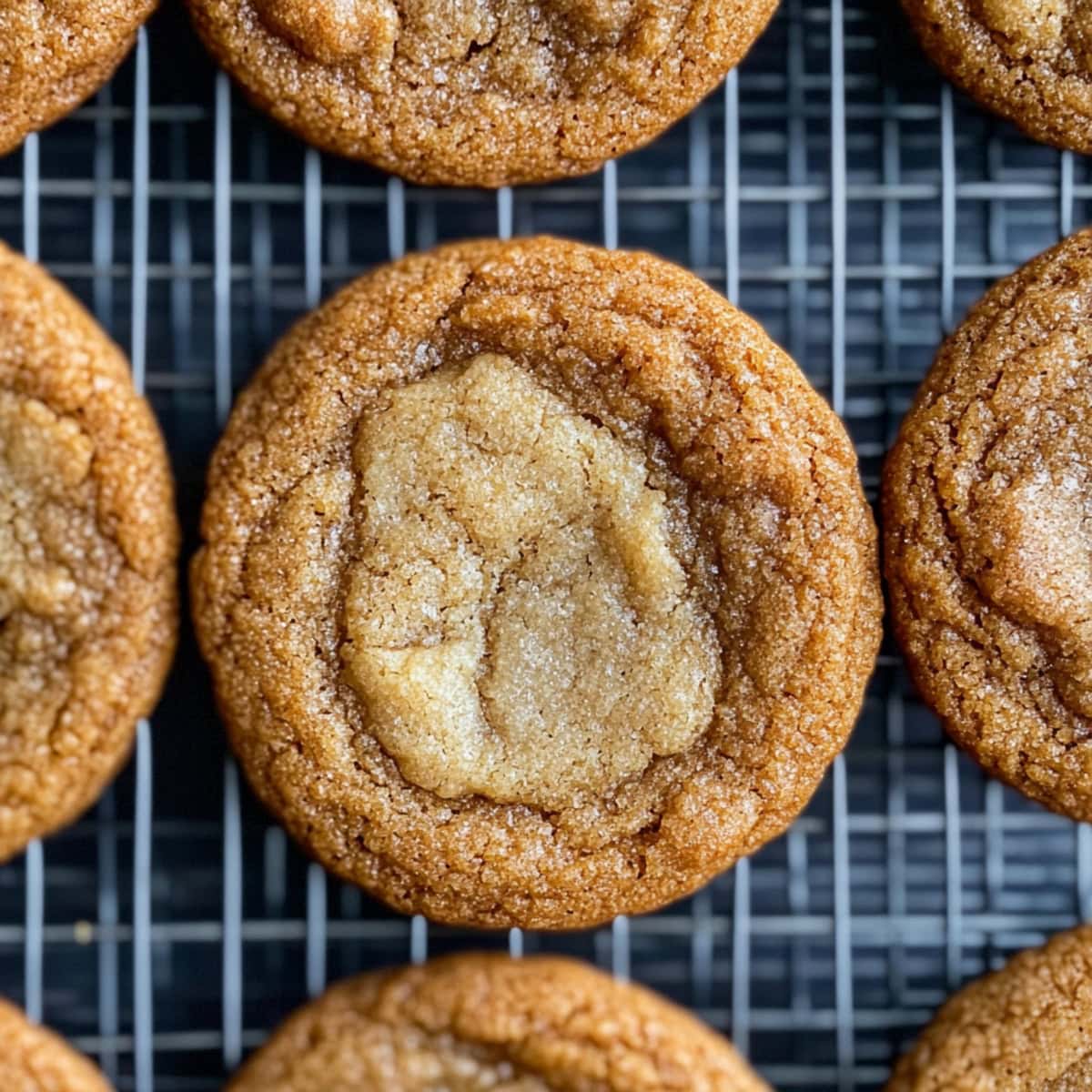 Soft and pillowy gingerdoodle cookies on a cooling rack, close up