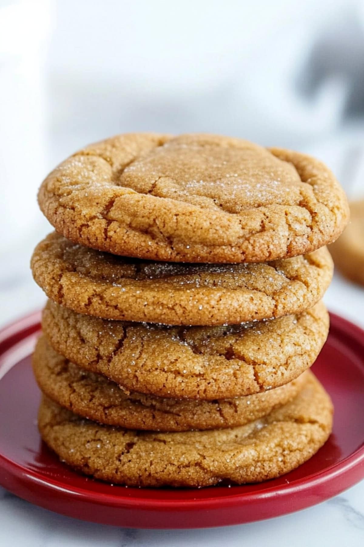 A stack of warm gingerdoodle cookies on a red plate.