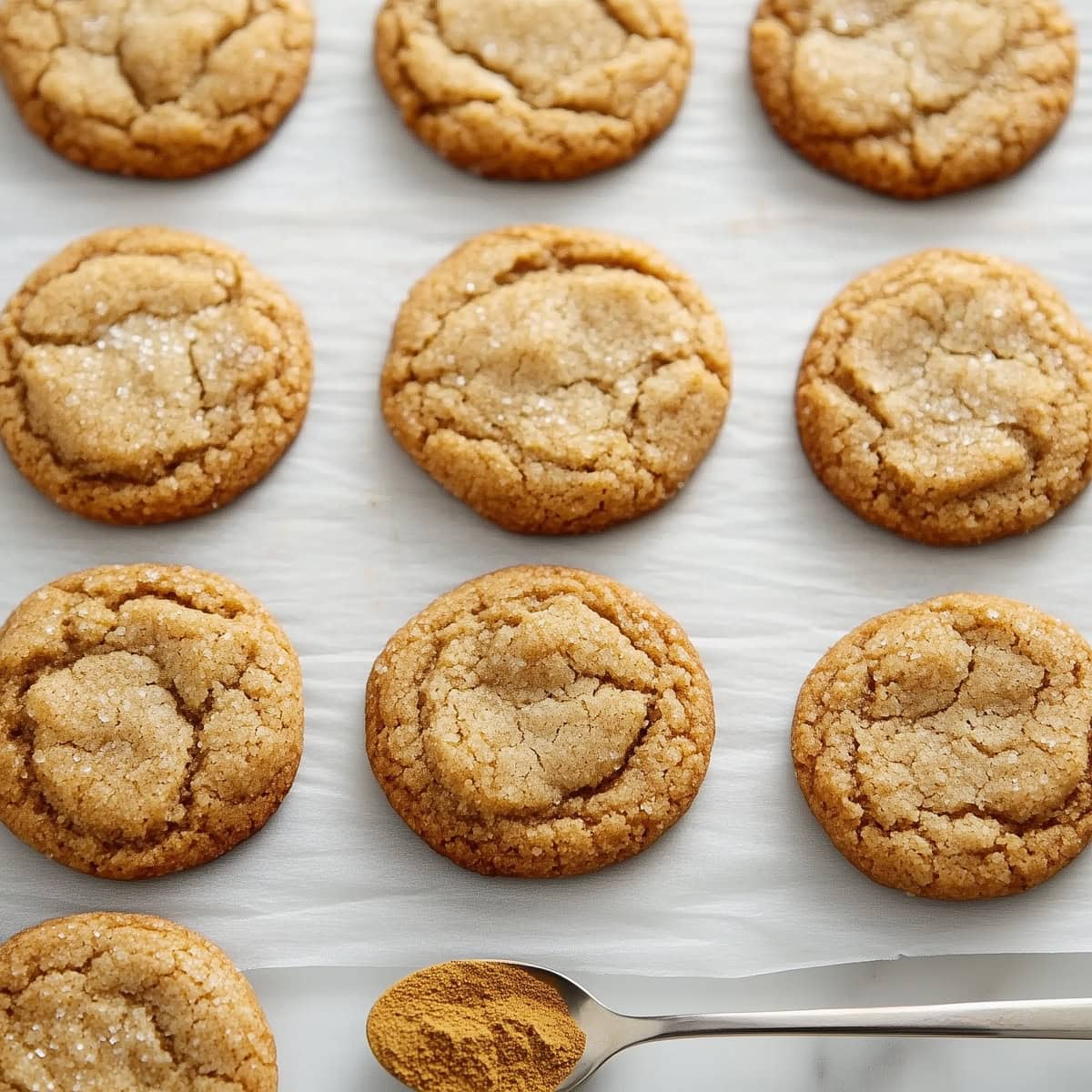 An overhead view of gingerdoodle cookies on parchment paper.