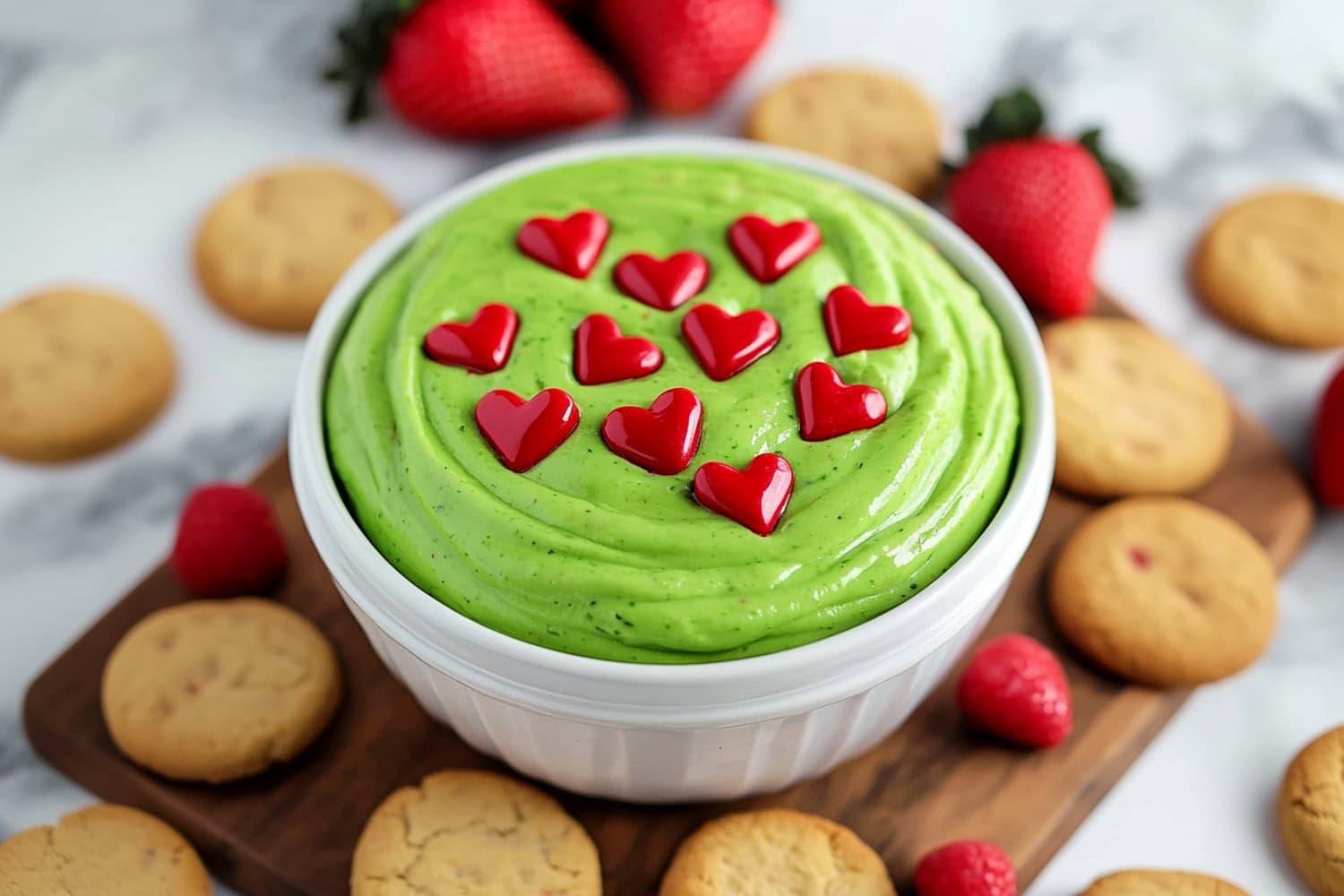 A white bowl of green Grinch dip surrounded with cookies and strawberries