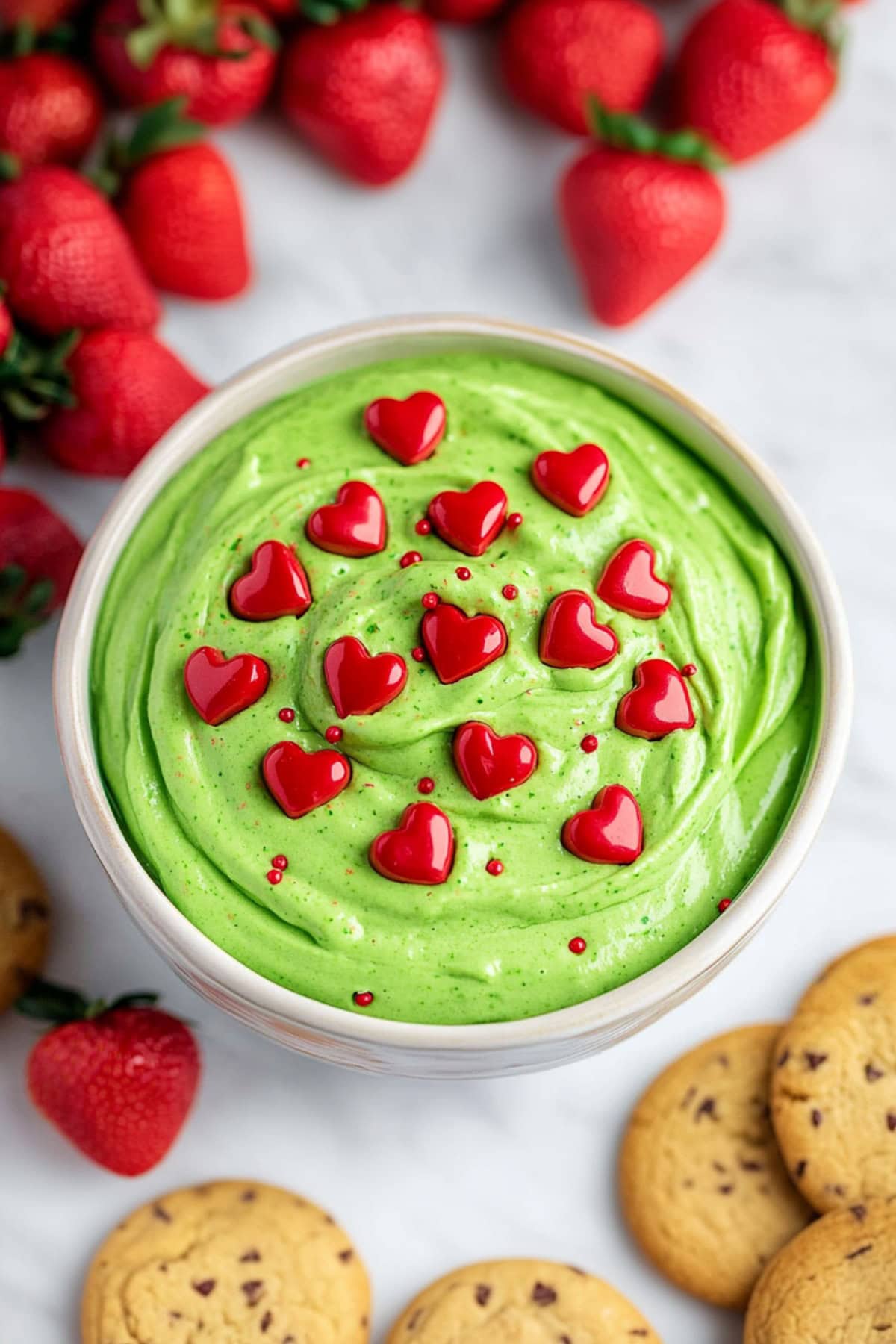 A bowl of grinch dip with fresh strawberries and cookies on the side.