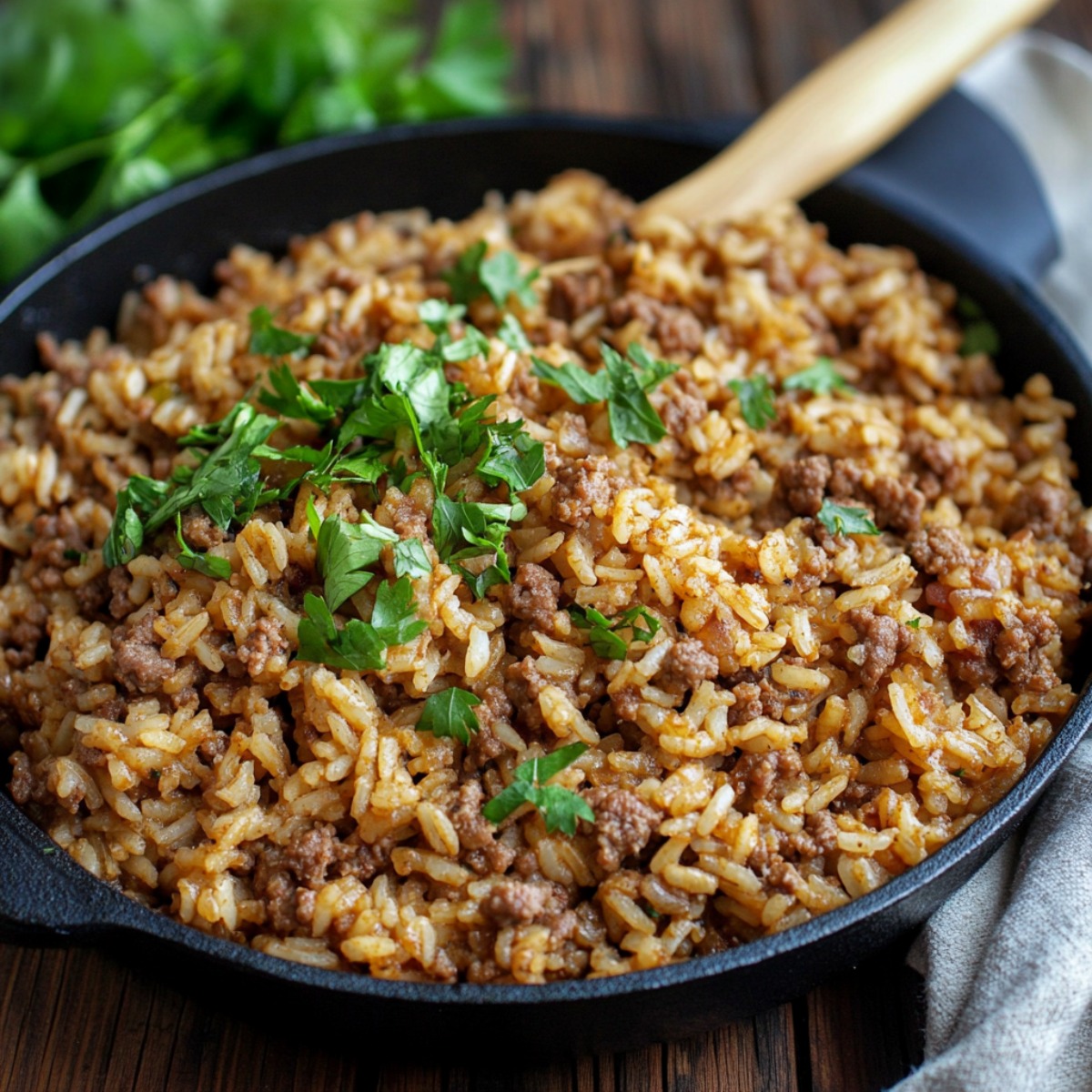 Ground Beef and Rice in a Skillet