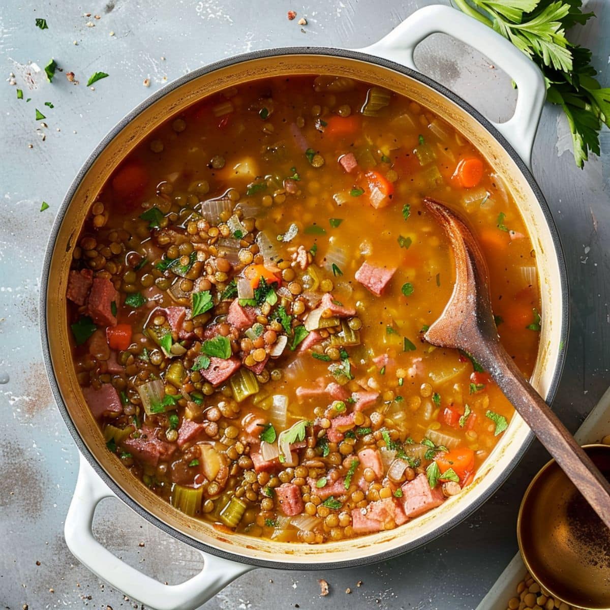 Ham and lentil soup in a white Dutch oven pot.