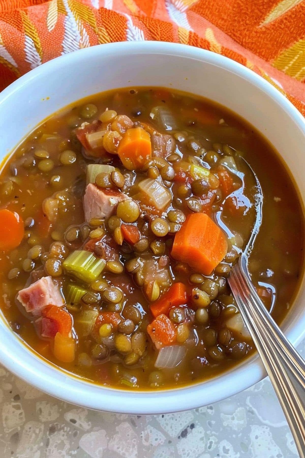 A serving lentil soup with ham, carrots, celery and onions in a bowl. 