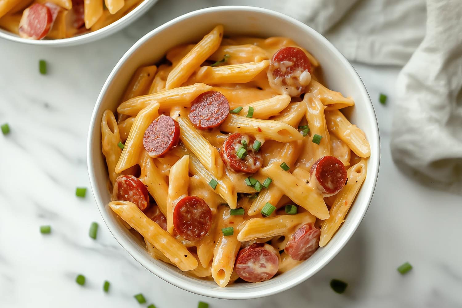 An overhead view of cheesy kielbasa pasta with chopped onions.