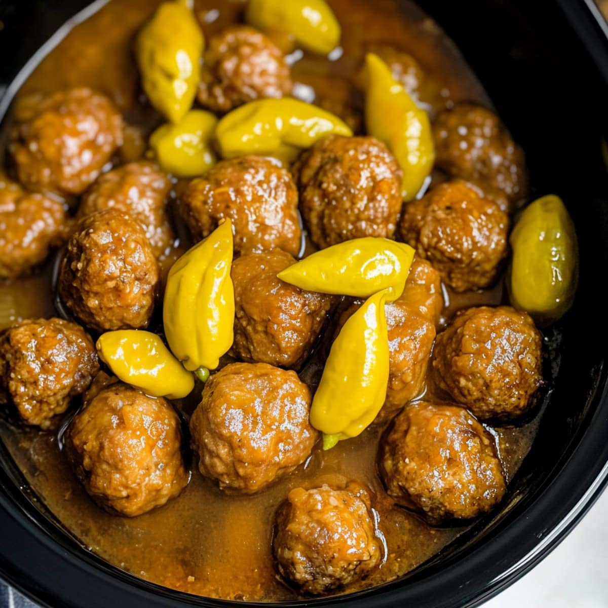 An overhead view of crockpot mississippi meatballs with pepperoncini pepers.