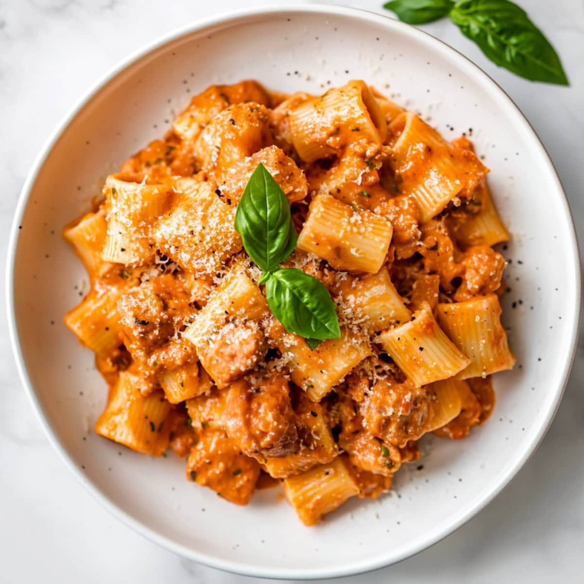 A comforting plate of sausage rigatoni in tomato sauce.