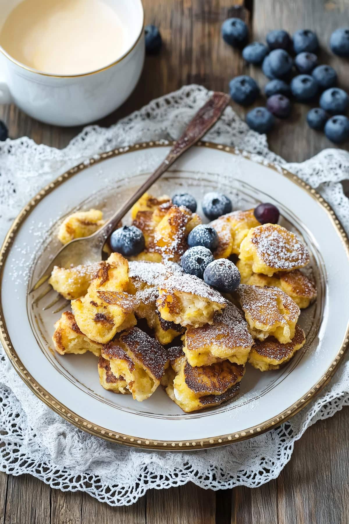 Tiktok scrambled pancakes (Kaiserschmarrn) with berries on a wooden table, served with milk