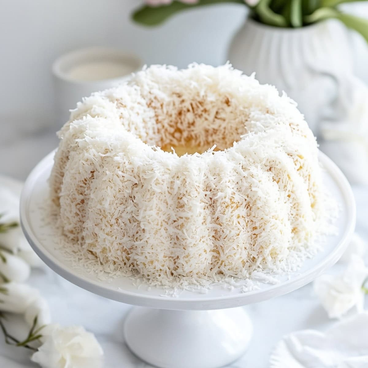 Tom Cruise coconut cake in a kitchen stand.