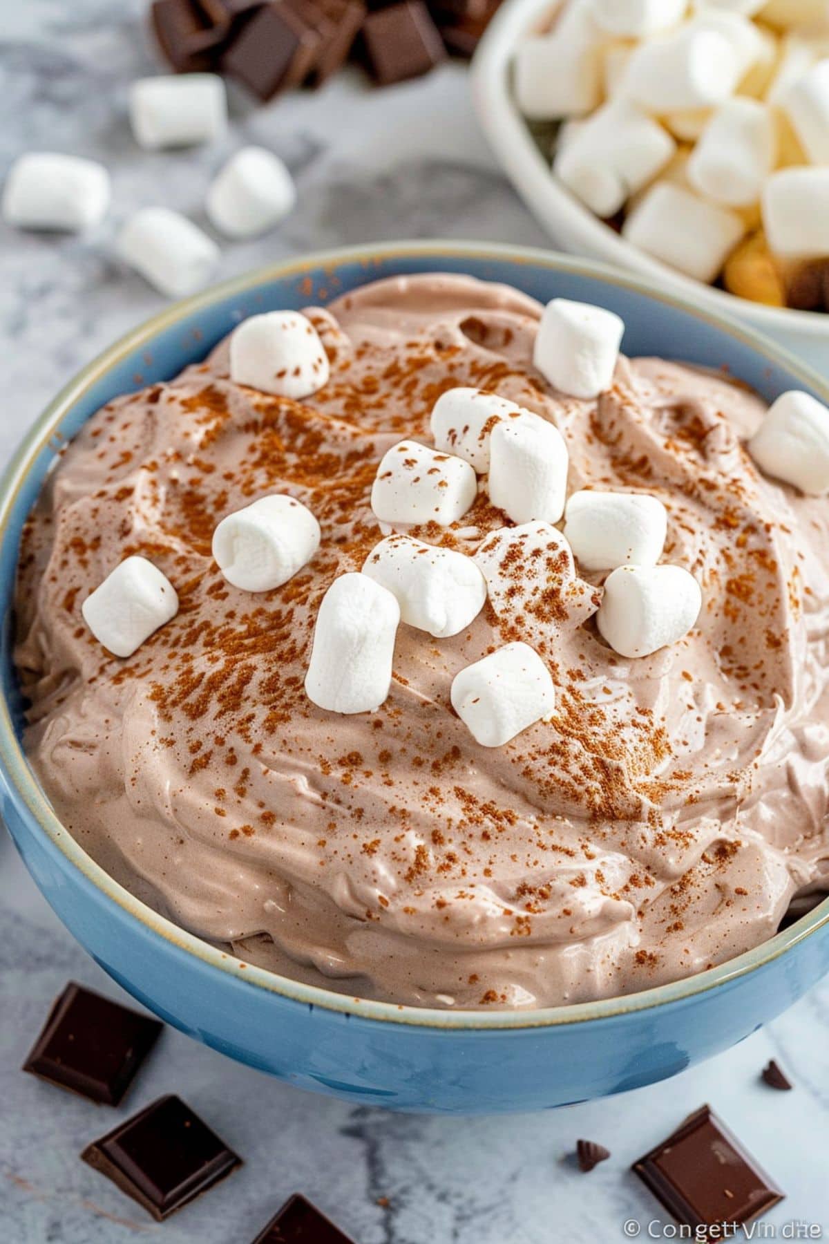 Creamy hot chocolate dip garnished with marshmallows and dusted with chocolate powder.