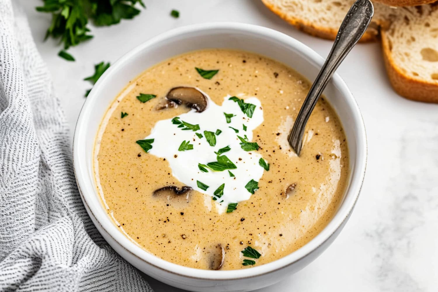 Creamy and velvety homemade hungarian mushroom soup with a dollop of sour cream and garnished with parsley.