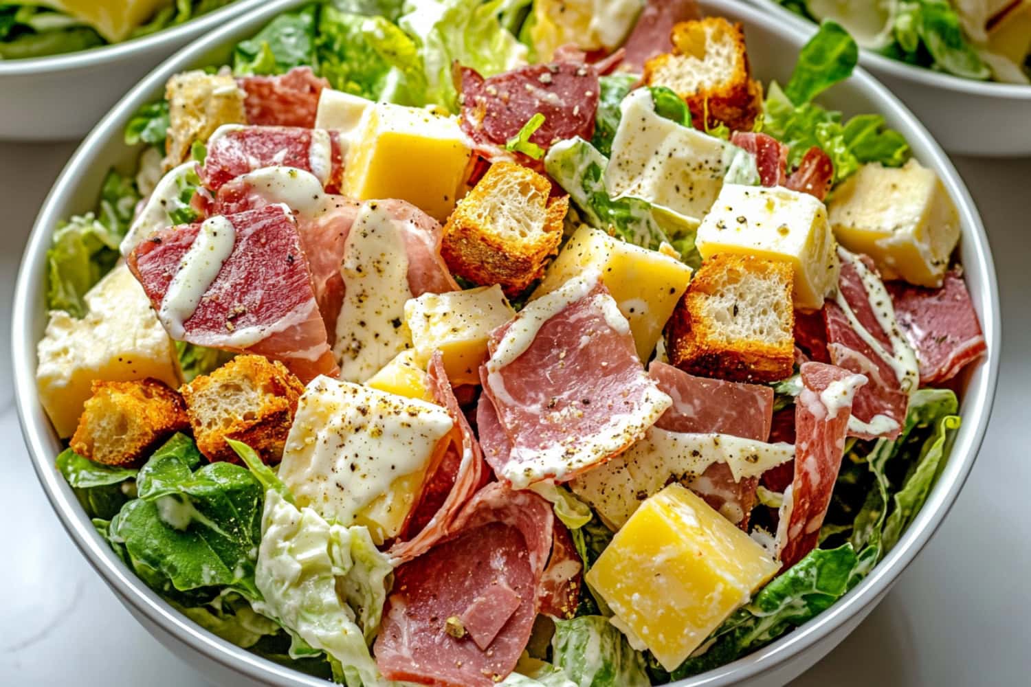 An Italian grinder salad featuring a mix of vibrant greens, sliced meats and cheese in a bowl.