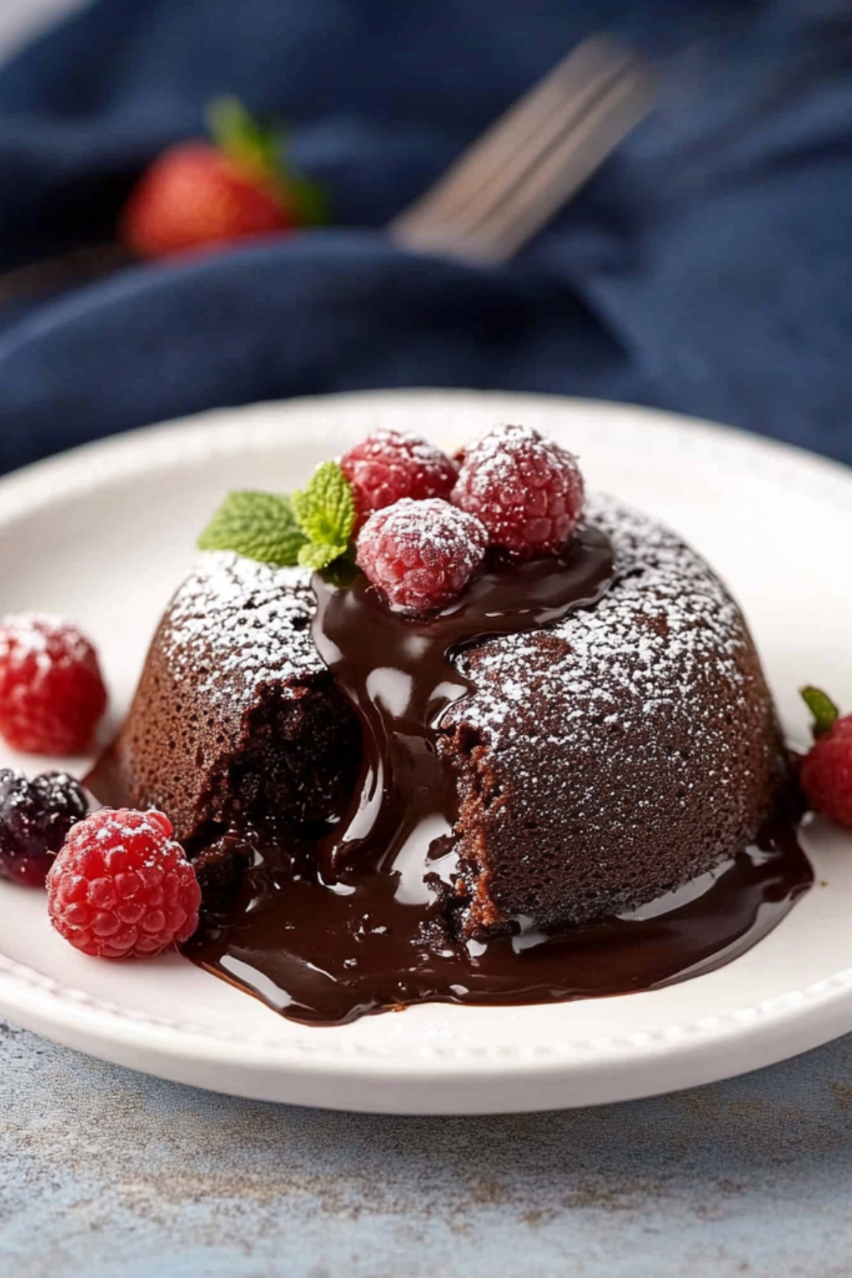 Chocolate lava cake dusted with powdered sugar and garnished fresh berries. 