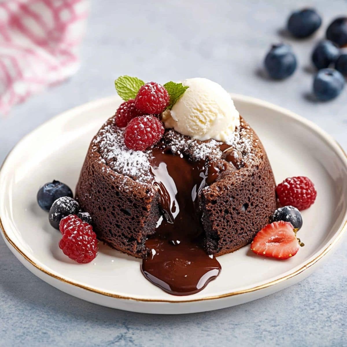 Lava cake dusted with powdered sugar and garnished with fresh berries and a scoop of ice cream 