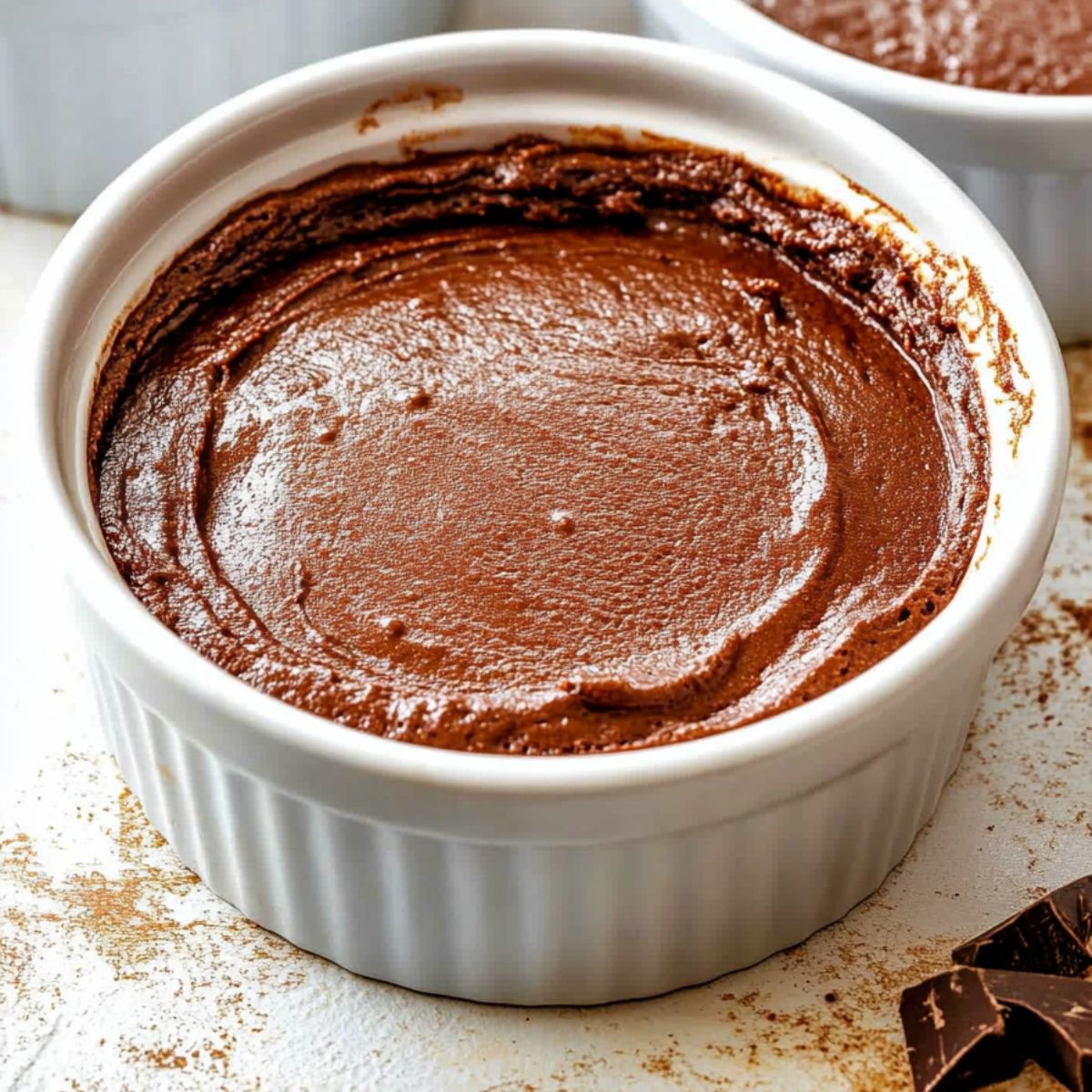 Chocolate lava cake batter inside a white ramekin.