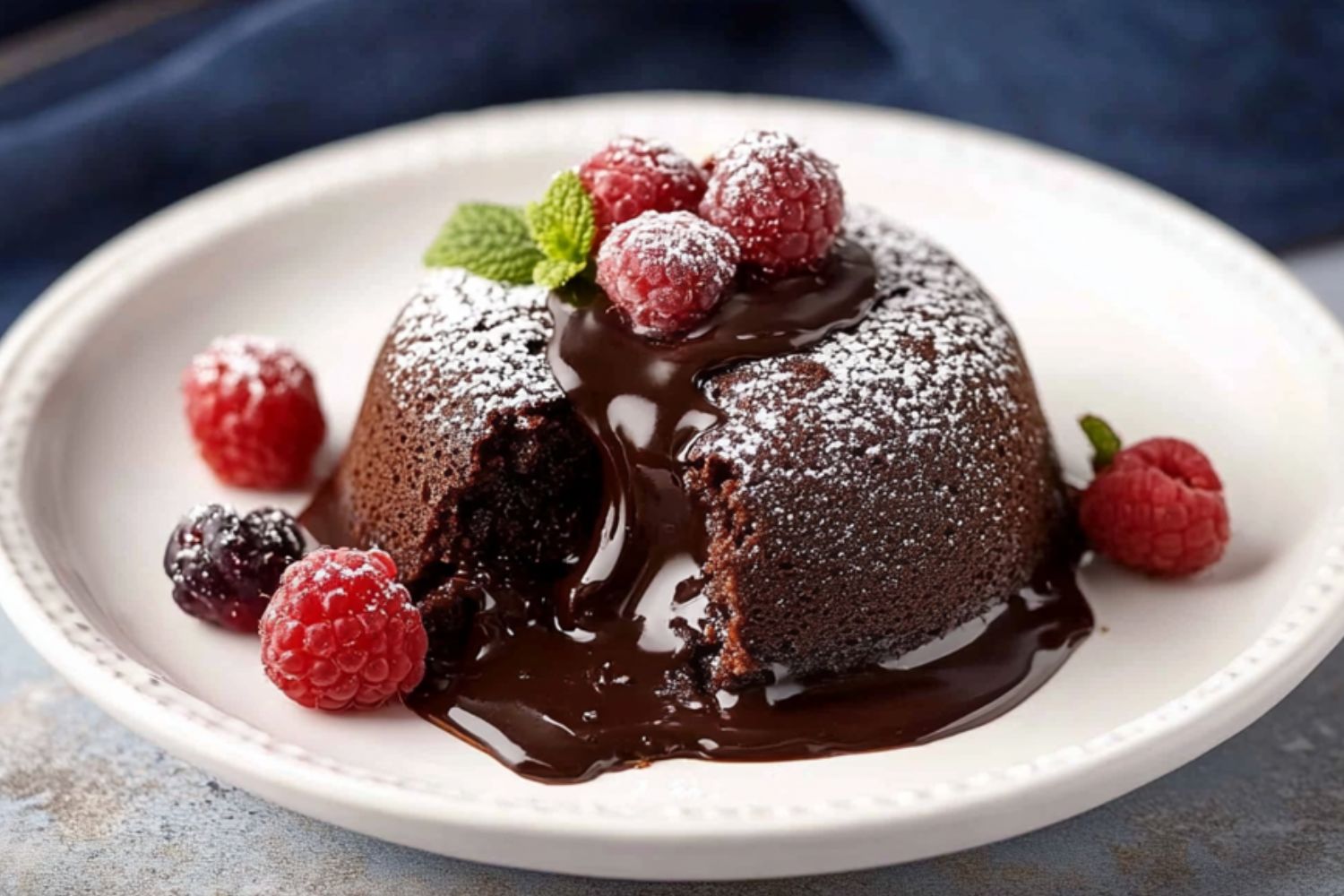 Lava cake with running melted chocolate from the inside dusted with powdered sugar served with fresh berries served in a white plate.