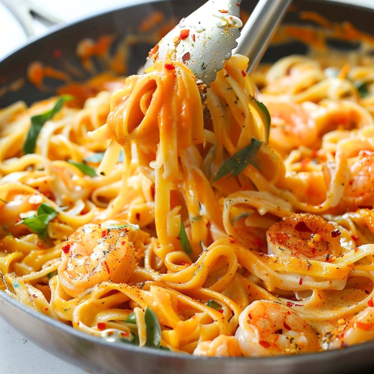 Creamy pasta with shrimp and linguine pasta tossed in sun dried tomato sauce lifted by a tong in a pan. 