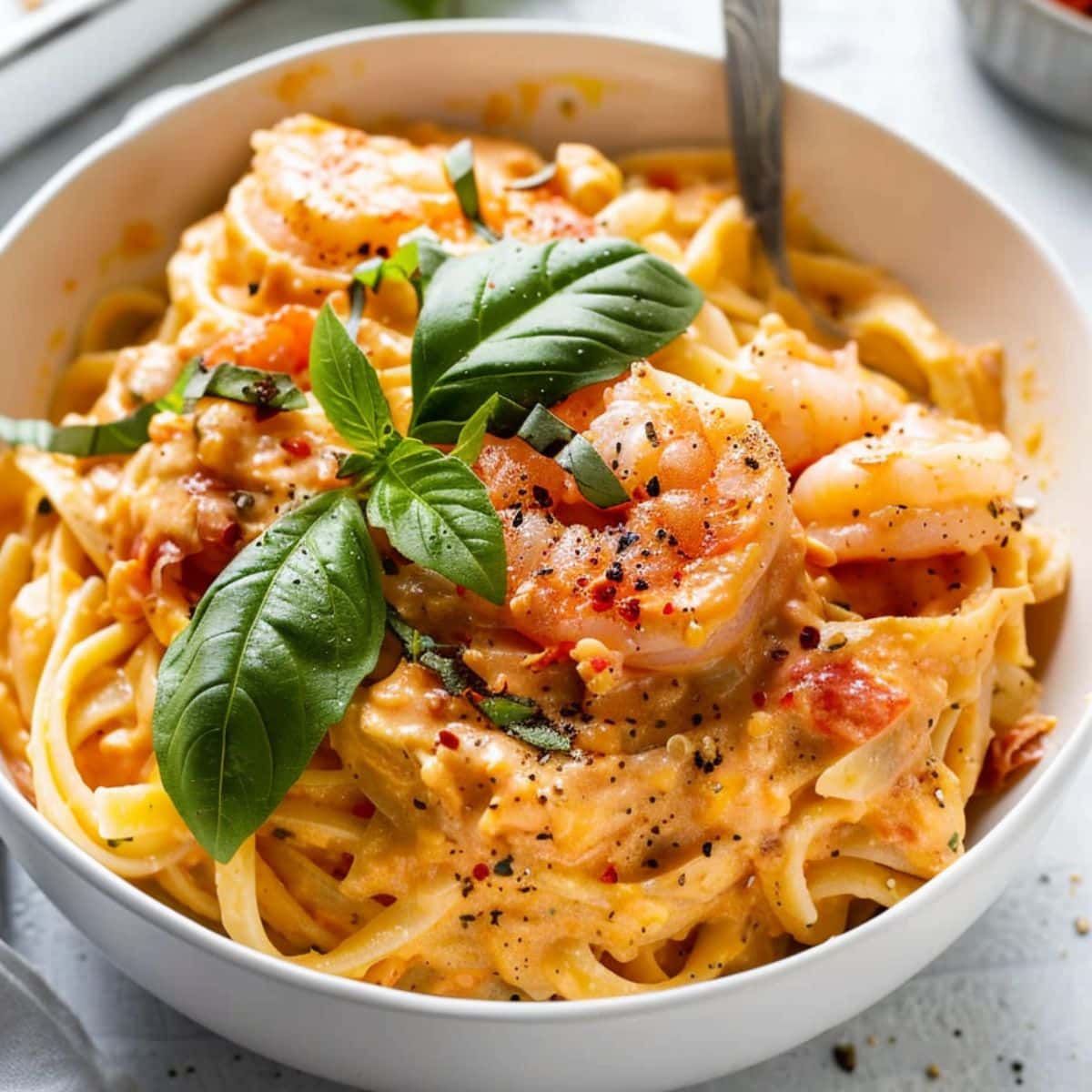 A serving of marry me shrimp pasta in a white bowl garnished with basil leaf.