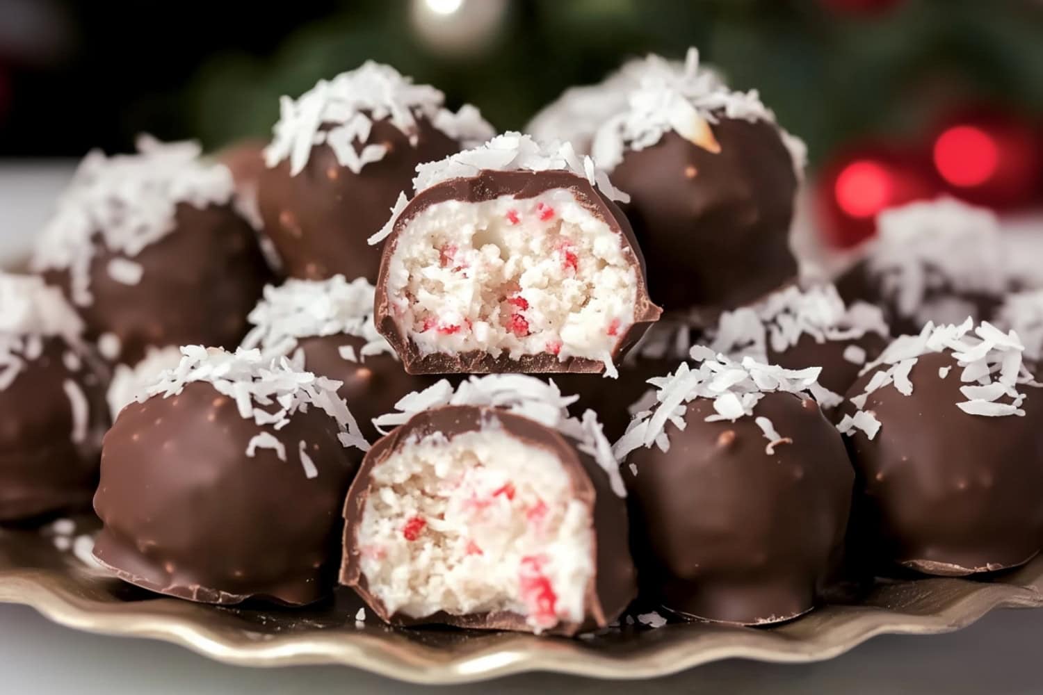 An elegant plate of Martha Washington candy recipe with coconut, cherry and pecan filling.