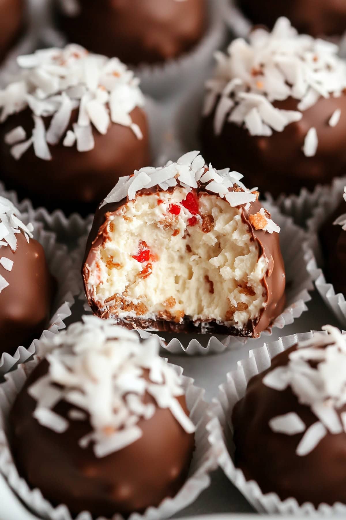 Homemade Martha Washington candy with coconut, cherries and pecans.