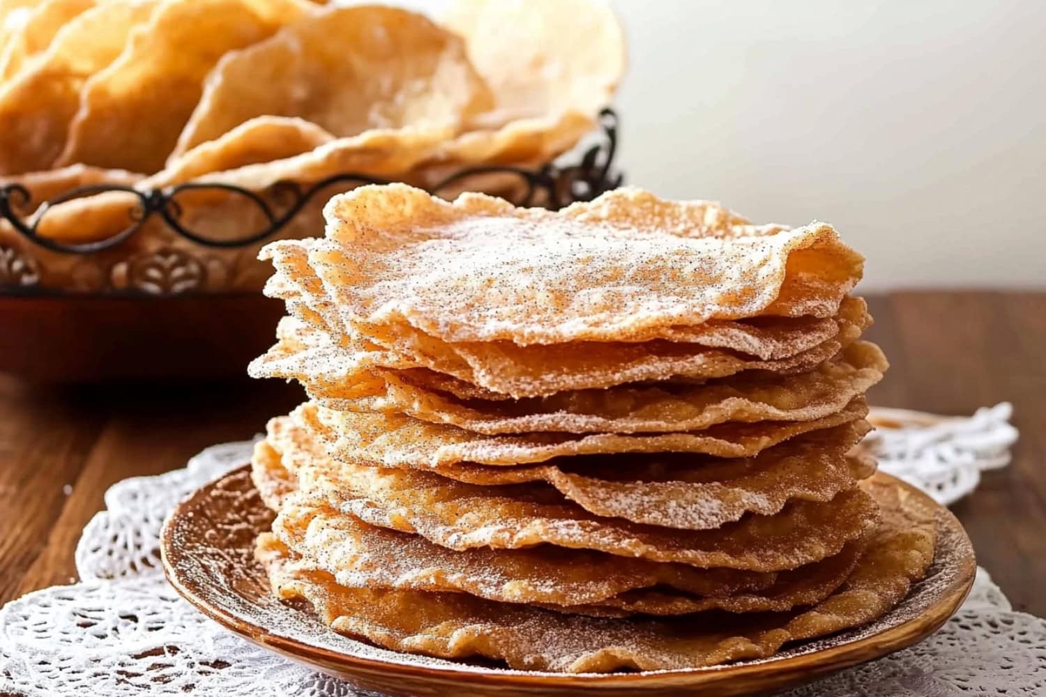 Thin, crispy and golden homemade Mexican bunuelos in a wooden plate.