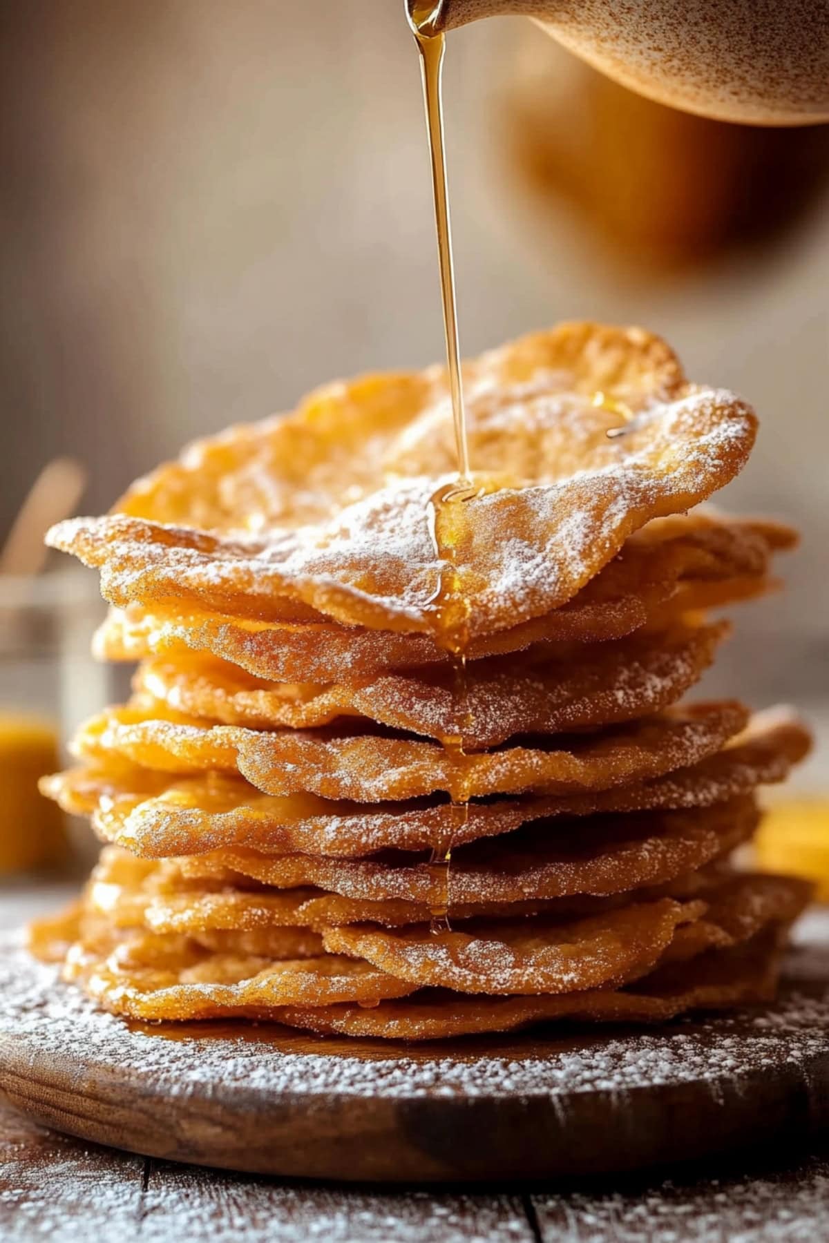 Pouring  piloncillo syrup into mexican bunuelos on a wooden table.