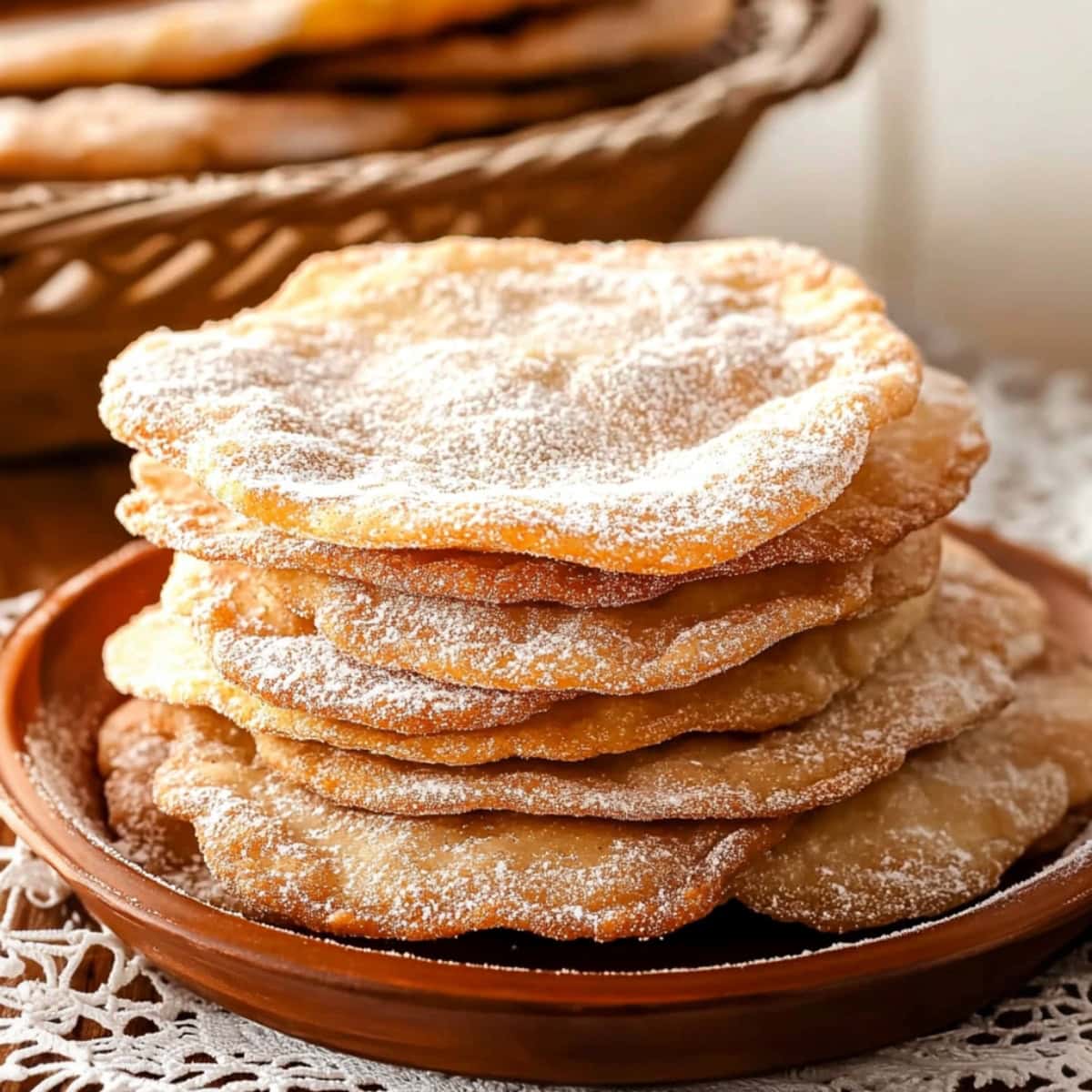 A stack of golden-brown Mexican buñuelos topped with a light sprinkle of sugar.