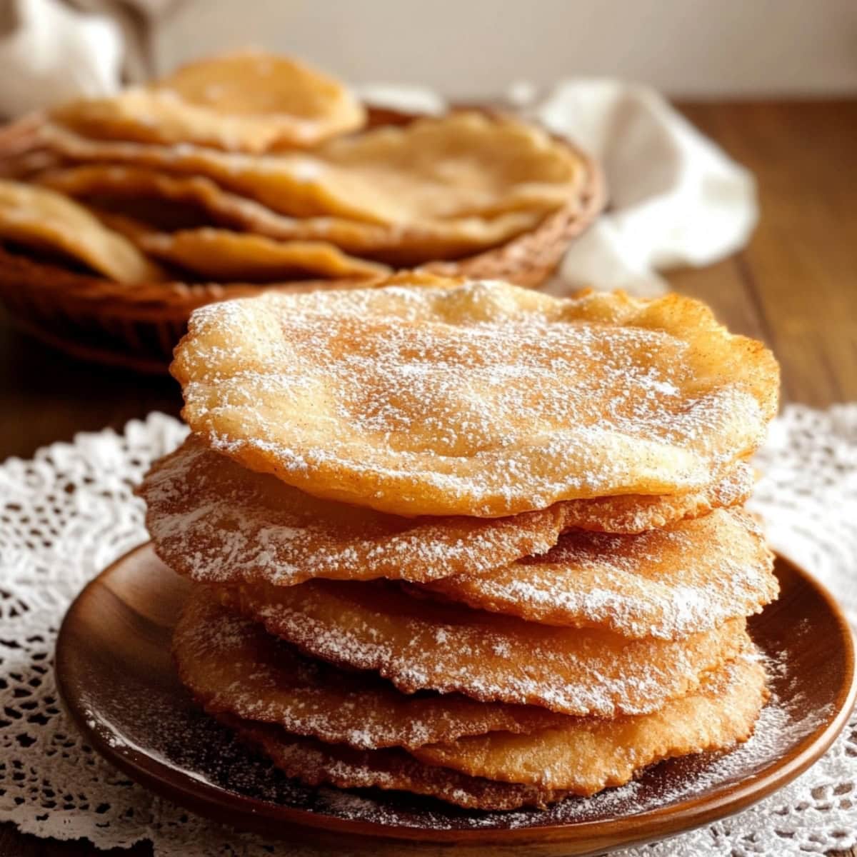 A stack of Mexican bunuelos with powdered sugar on top on a wooden plate.