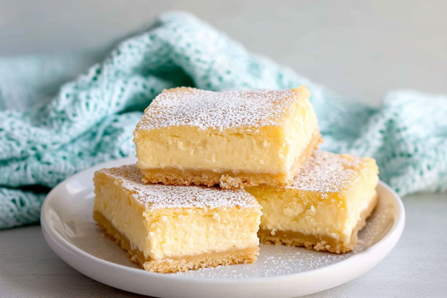 Square slices of Neiman Marcus cake dusted with powdered sugar on top.