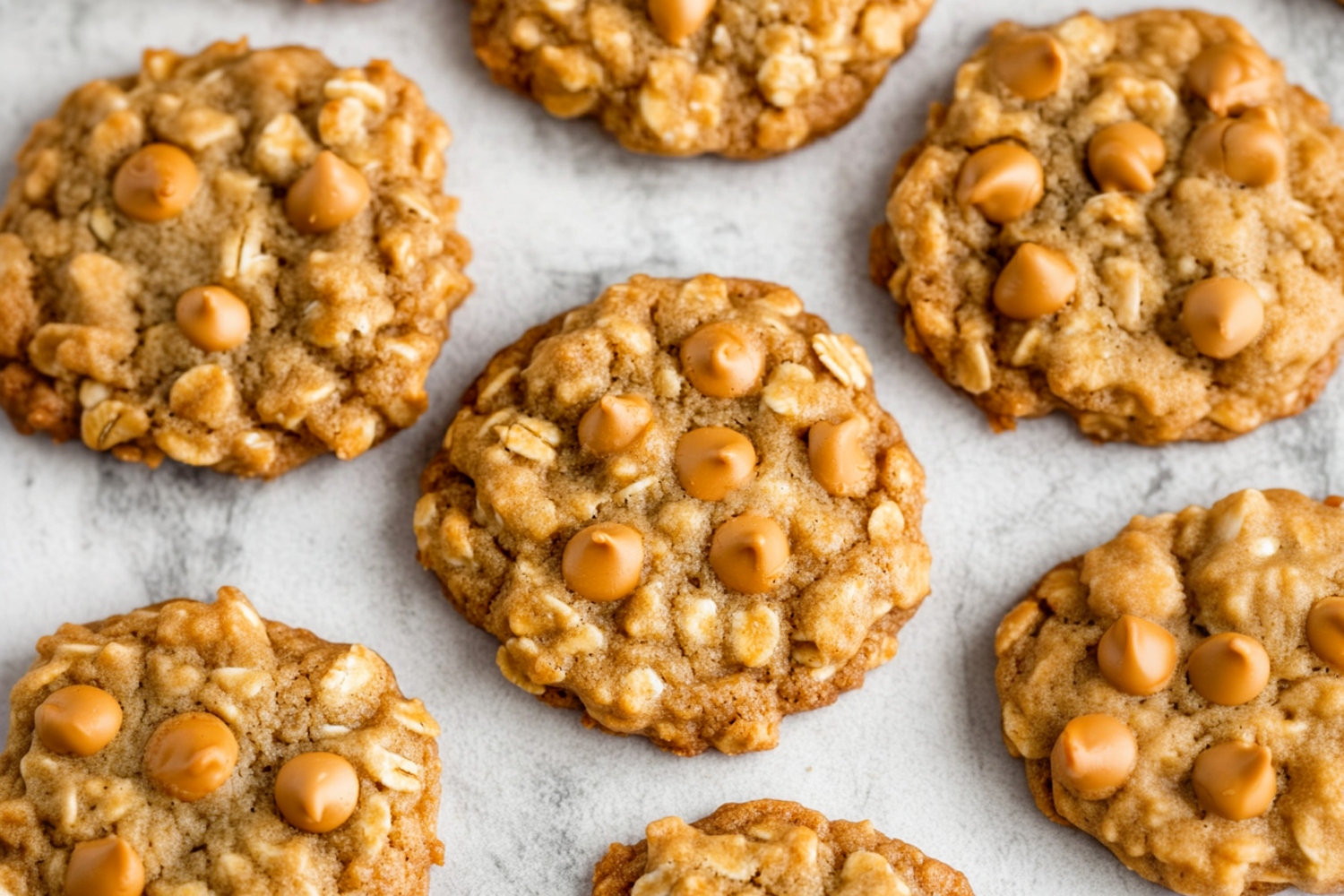 A batch of homemade oatmeal scotchies, golden brown and oozing with butterscotch chips on a marble table.