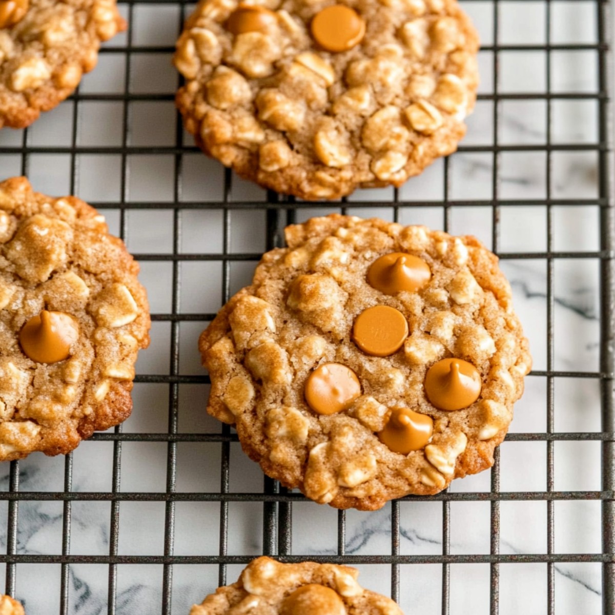 A cooling rack with oatmeal scotchies with butterscotch chips.