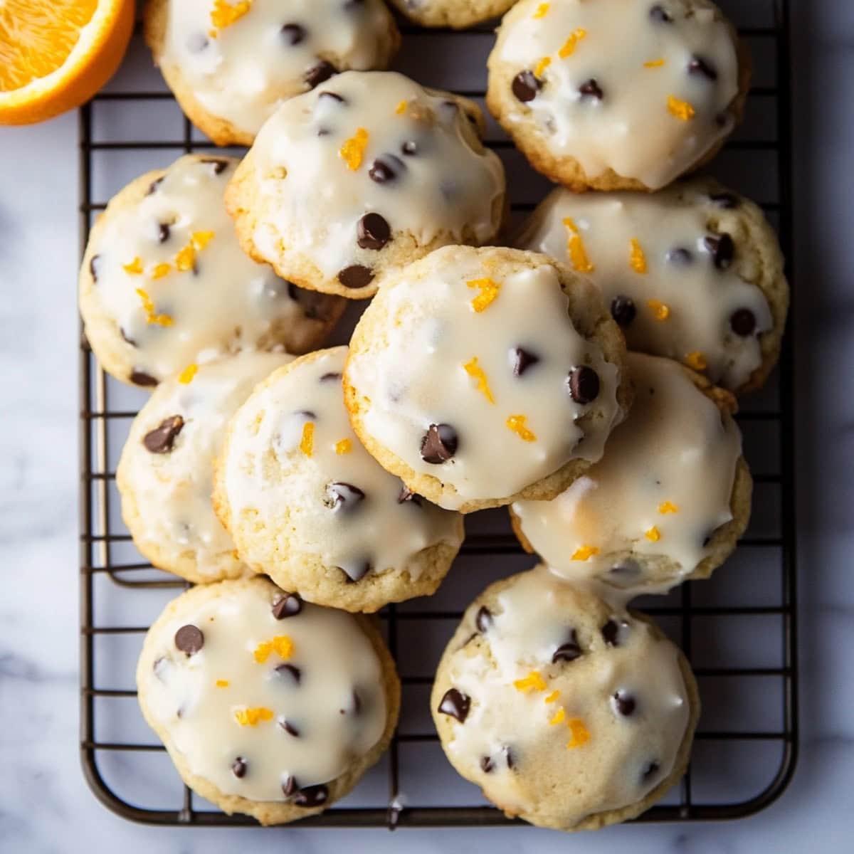 Orange Chocolate Chip Ricotta Cookies on a Wire Rack, top view